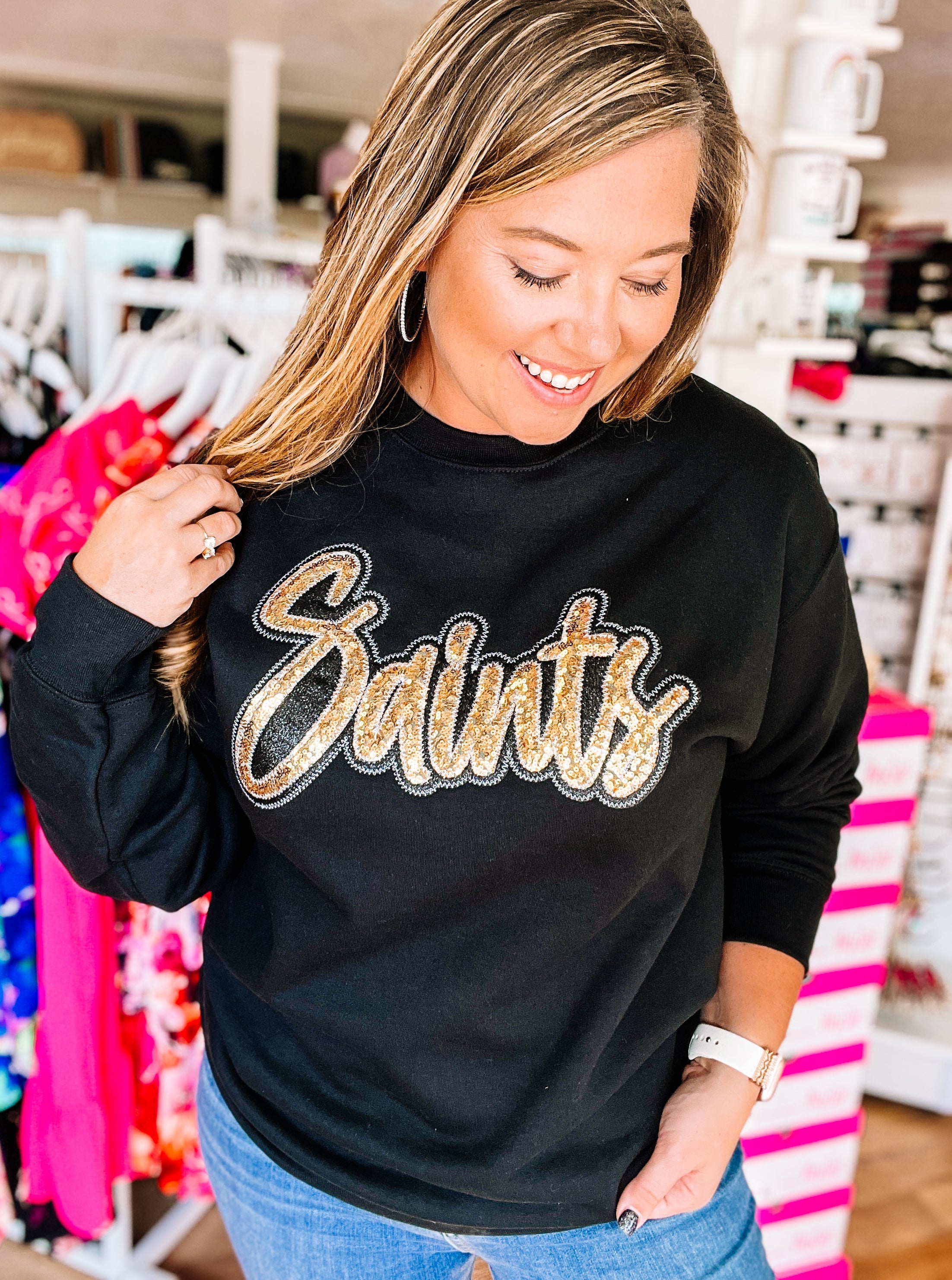 Saints Sequin Spirit Crewneck-Sweaters-Dear Me Southern Boutique, located in DeRidder, Louisiana