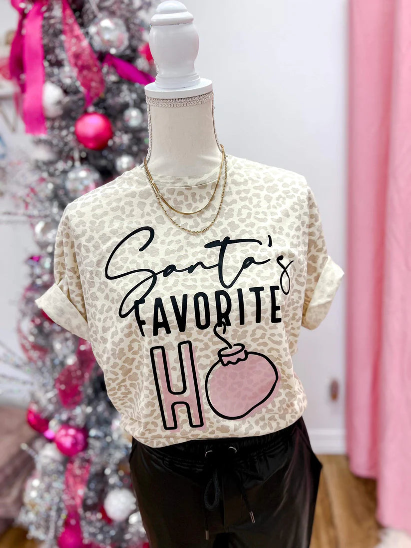 Santa's Favorite Ho Leopard Tee-Graphic Tops-Dear Me Southern Boutique, located in DeRidder, Louisiana