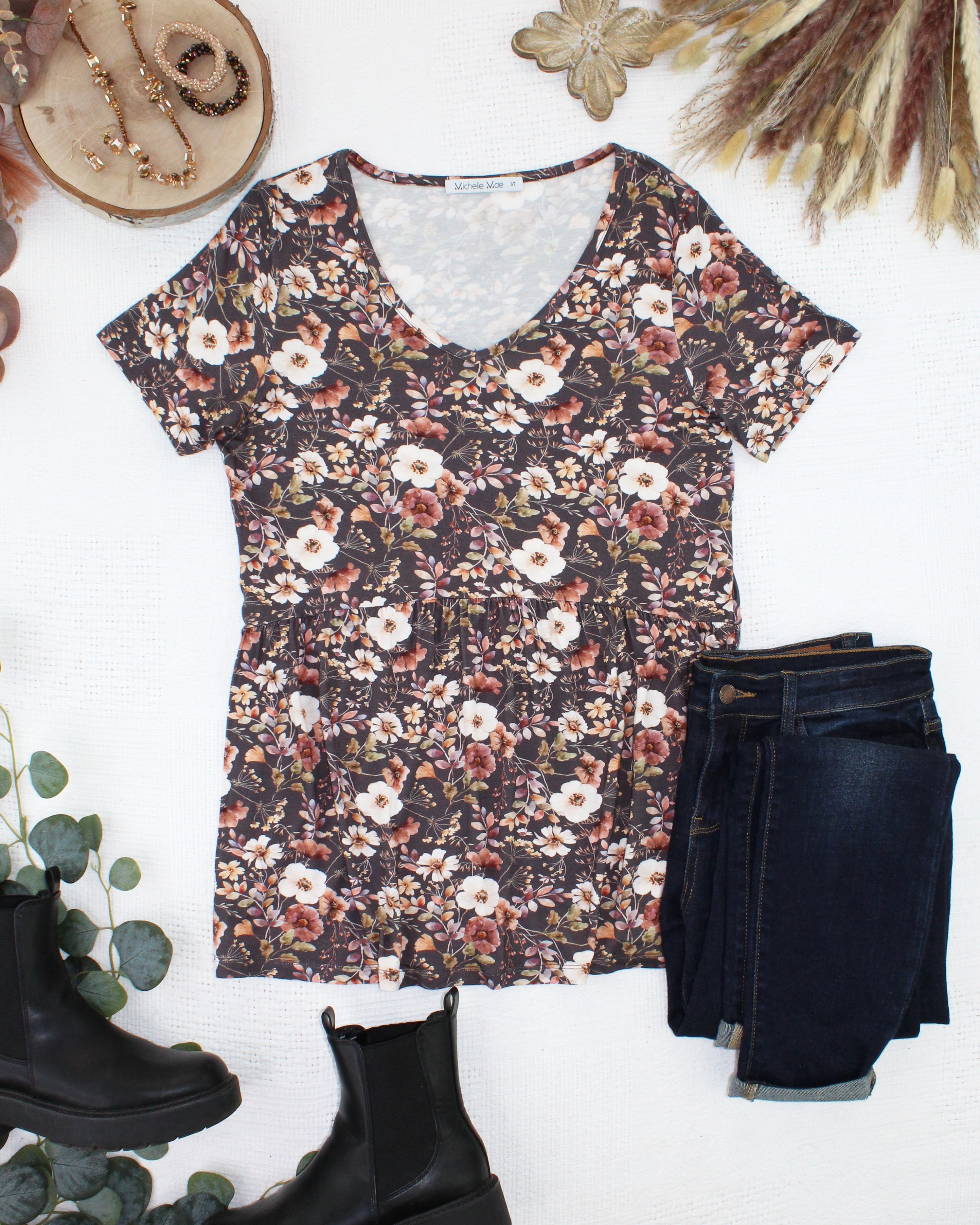 Sarah Ruffle Short Sleeve - Blushwood Floral-Tops-Dear Me Southern Boutique, located in DeRidder, Louisiana