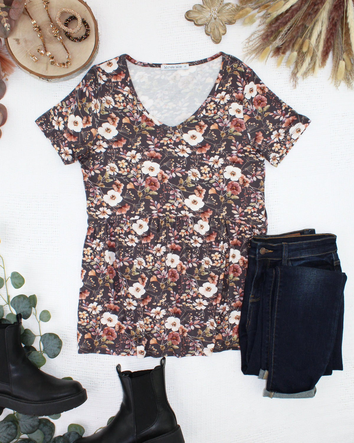 Sarah Ruffle Short Sleeve - Blushwood Floral-Tops-Dear Me Southern Boutique, located in DeRidder, Louisiana
