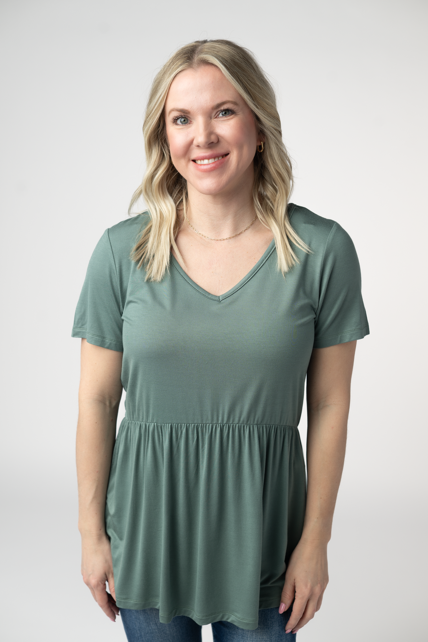 Sarah Ruffle Short Sleeve - Dusty Jade-Tops-Dear Me Southern Boutique, located in DeRidder, Louisiana