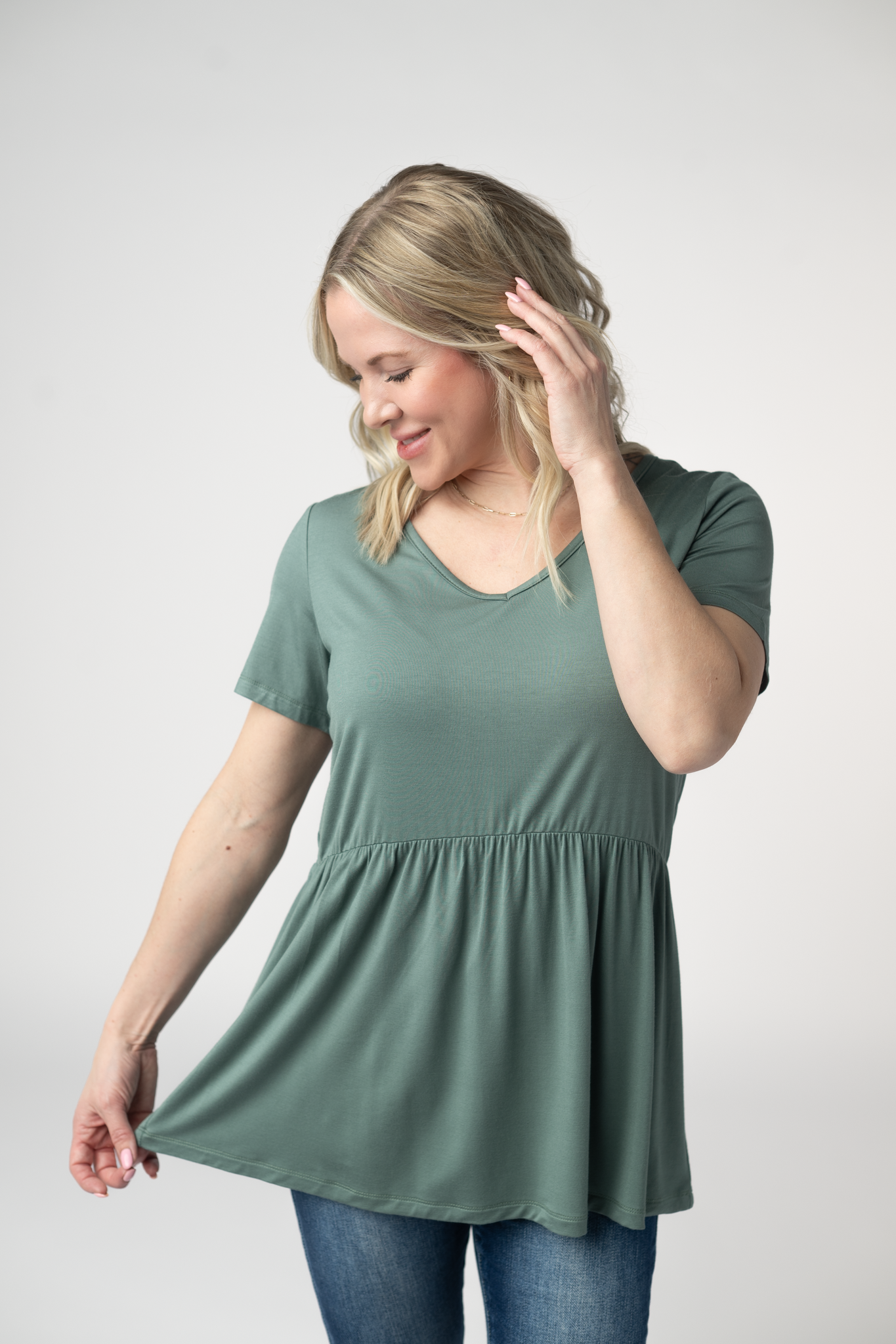 Sarah Ruffle Short Sleeve - Dusty Jade-Tops-Dear Me Southern Boutique, located in DeRidder, Louisiana