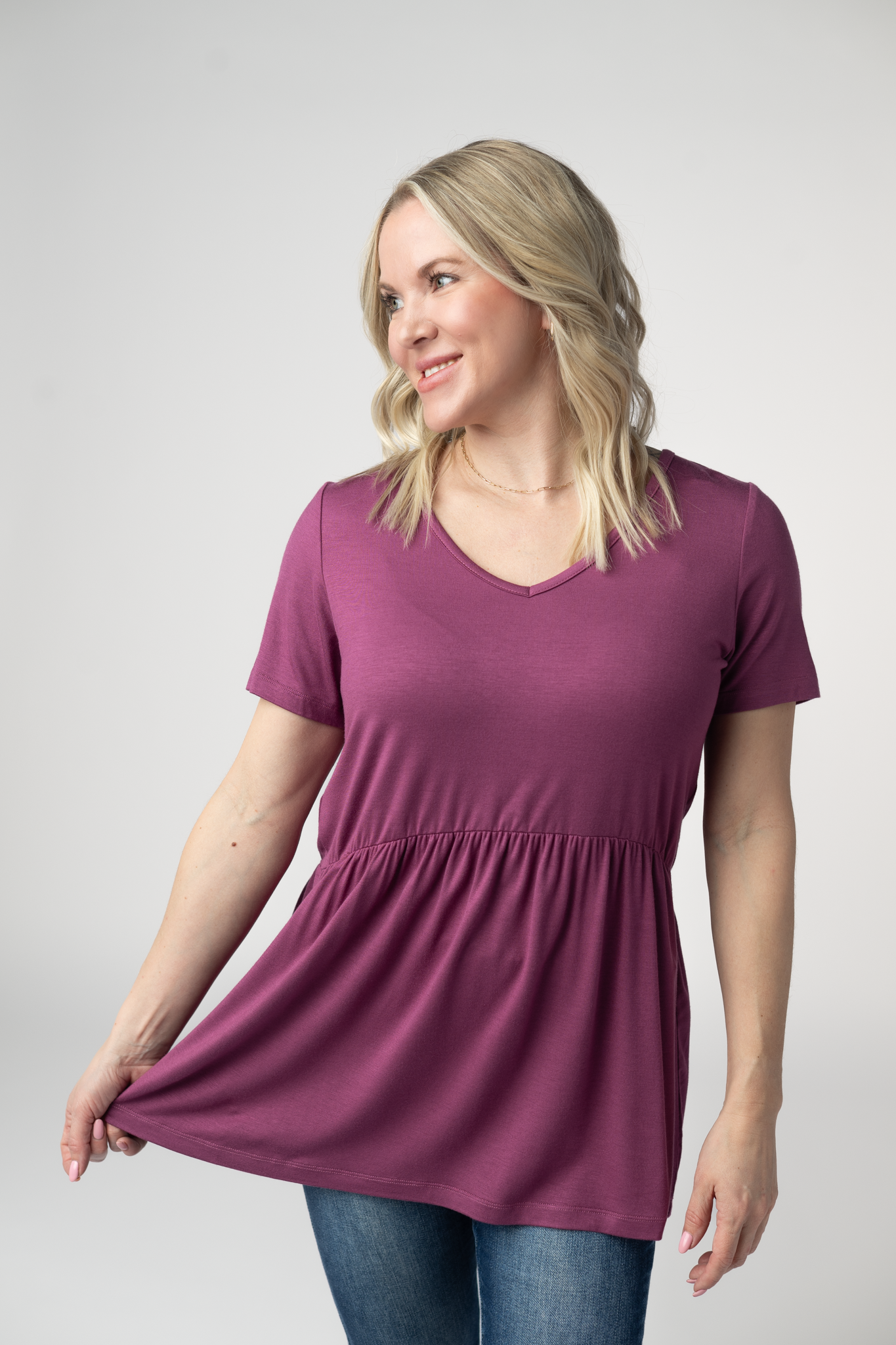 Sarah Ruffle Short Sleeve - Mulberry-Tops-Dear Me Southern Boutique, located in DeRidder, Louisiana