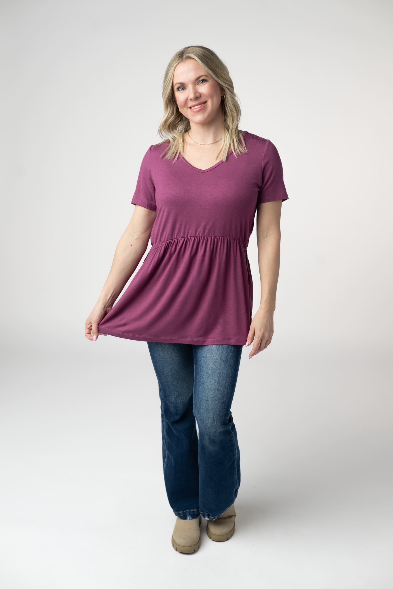 Sarah Ruffle Short Sleeve - Mulberry-Tops-Dear Me Southern Boutique, located in DeRidder, Louisiana