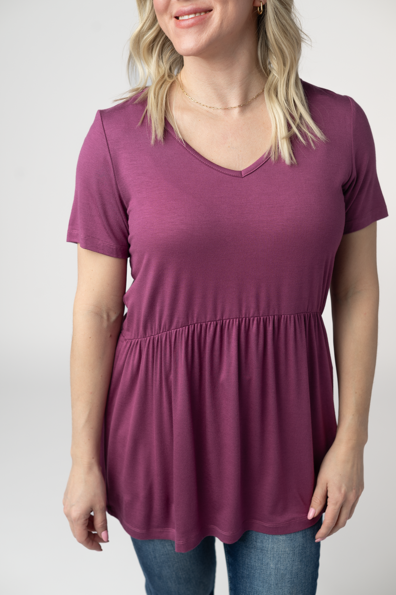 Sarah Ruffle Short Sleeve - Mulberry-Tops-Dear Me Southern Boutique, located in DeRidder, Louisiana