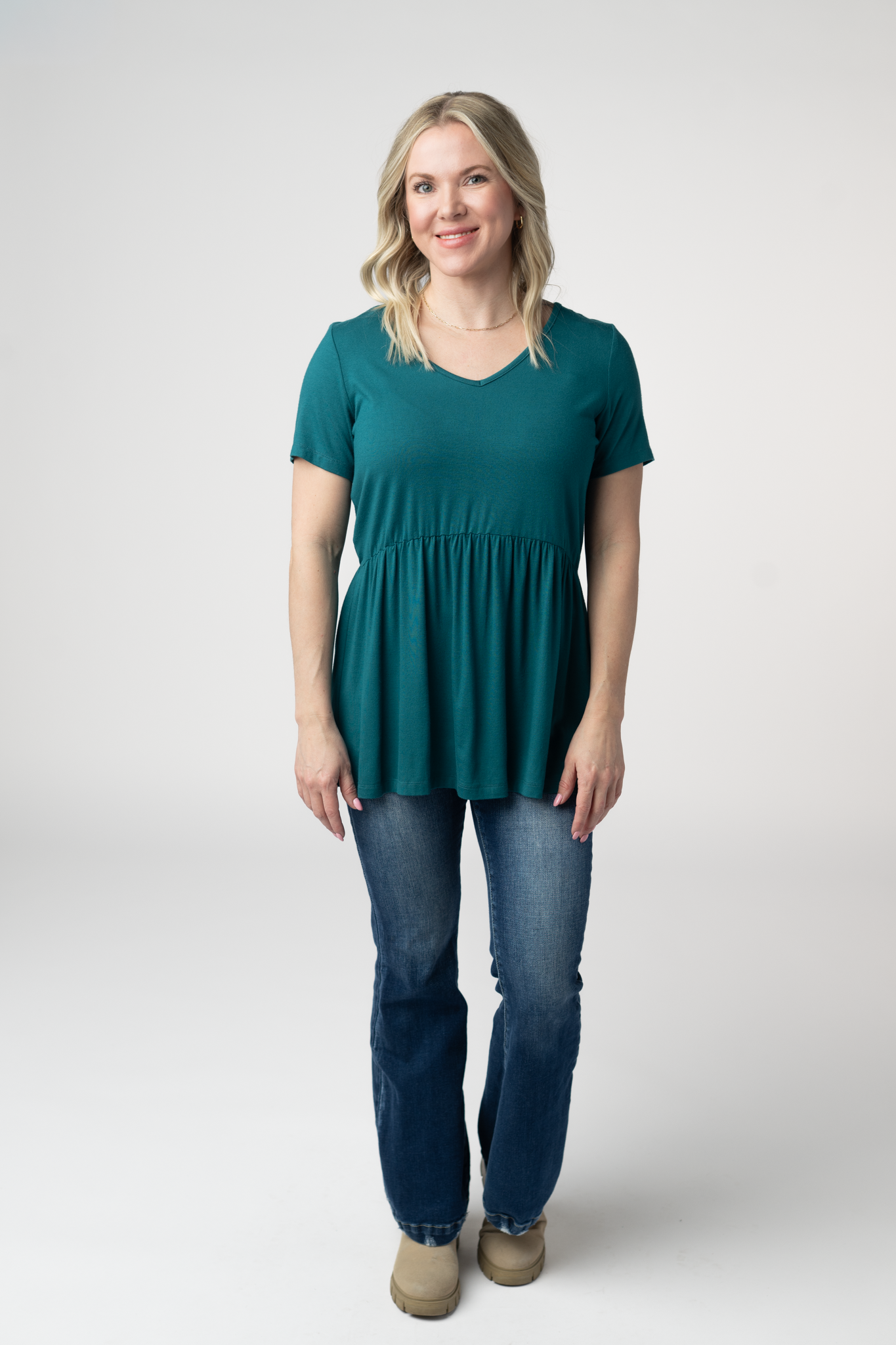 Sarah Ruffle Short Sleeve - Teal-Tops-Dear Me Southern Boutique, located in DeRidder, Louisiana