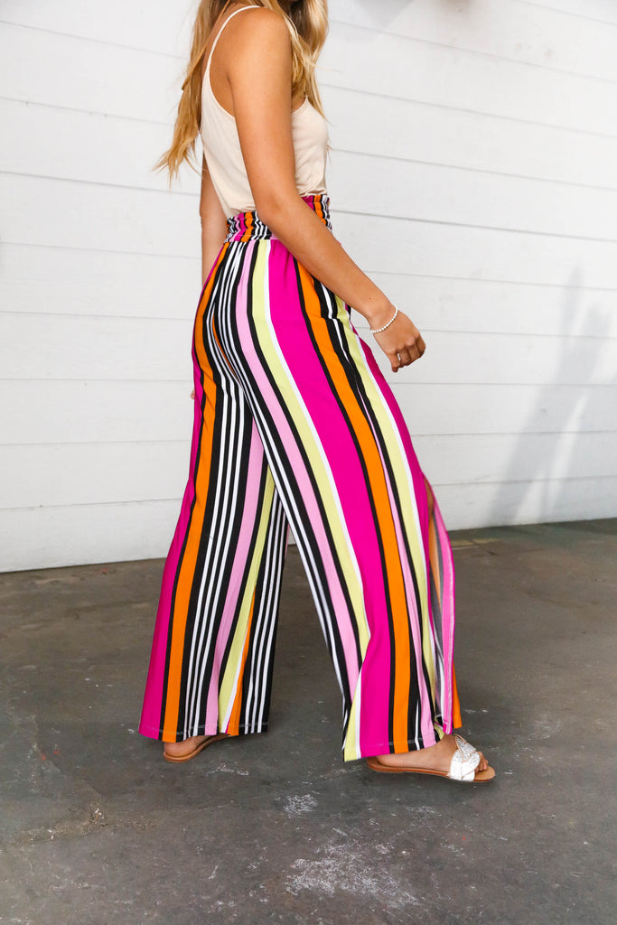 Sassy Stripe Smock Waist Side Slit Palazzo Pants (INSTOCK)-Dear Me Southern Boutique, located in DeRidder, Louisiana