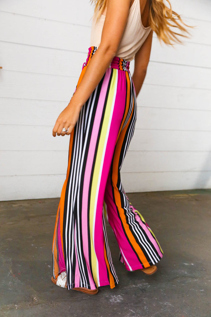 Sassy Stripe Smock Waist Side Slit Palazzo Pants (INSTOCK)-Dear Me Southern Boutique, located in DeRidder, Louisiana
