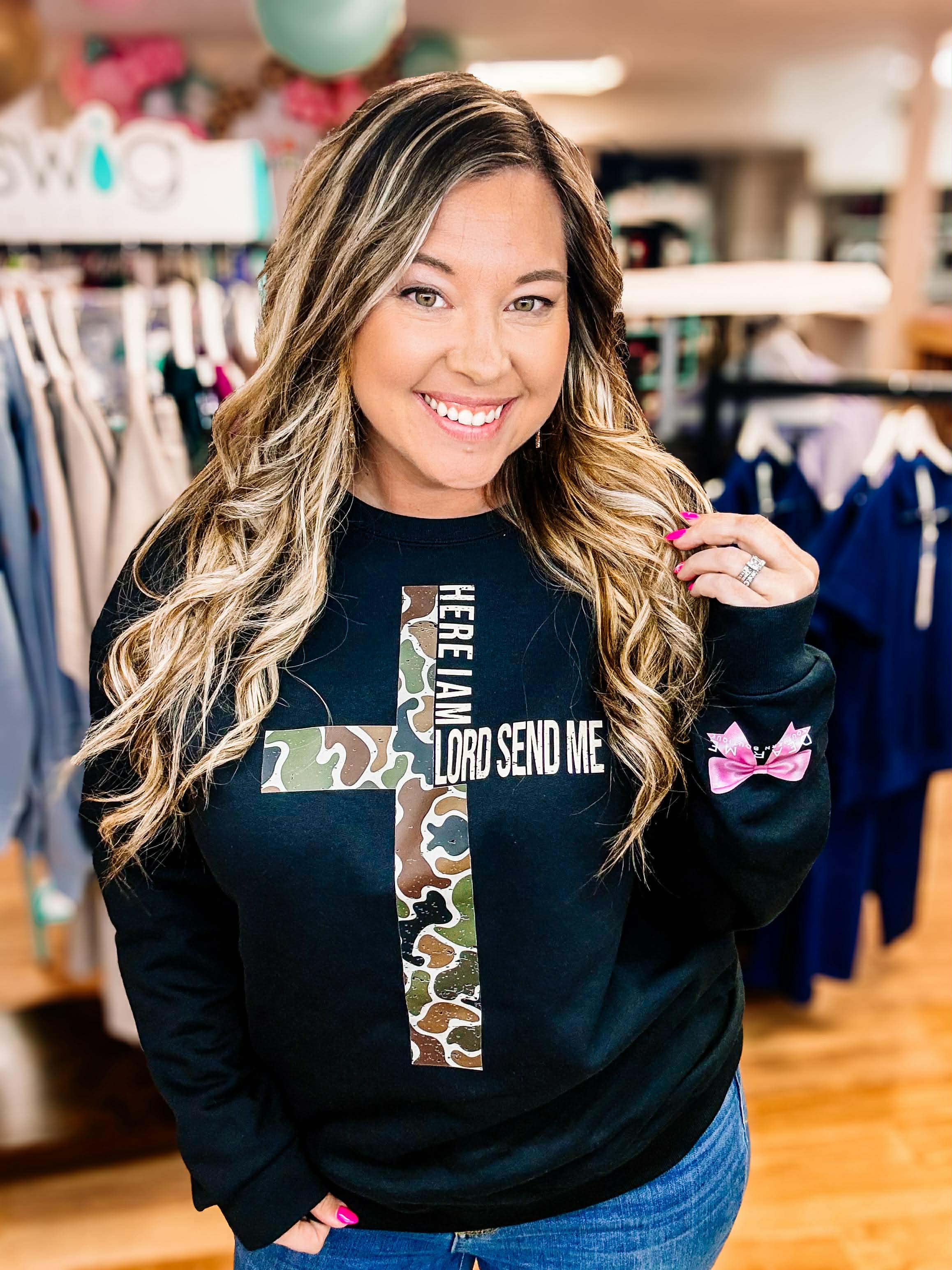 Send Me Camo Cross Sweatshirt-Sweaters-Dear Me Southern Boutique, located in DeRidder, Louisiana