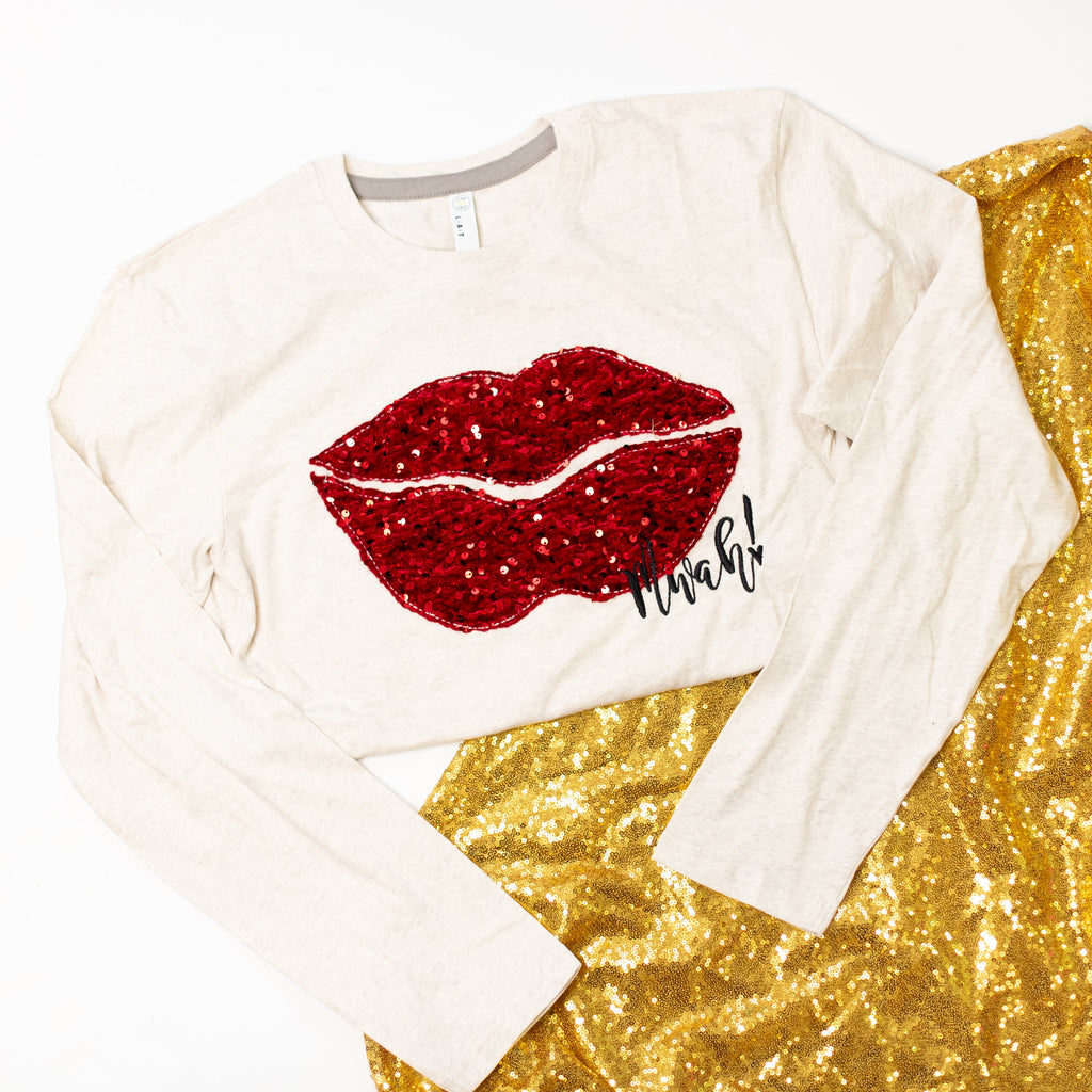 Sequin Lips Long Sleeve Tee - Oatmeal-Tops-Dear Me Southern Boutique, located in DeRidder, Louisiana