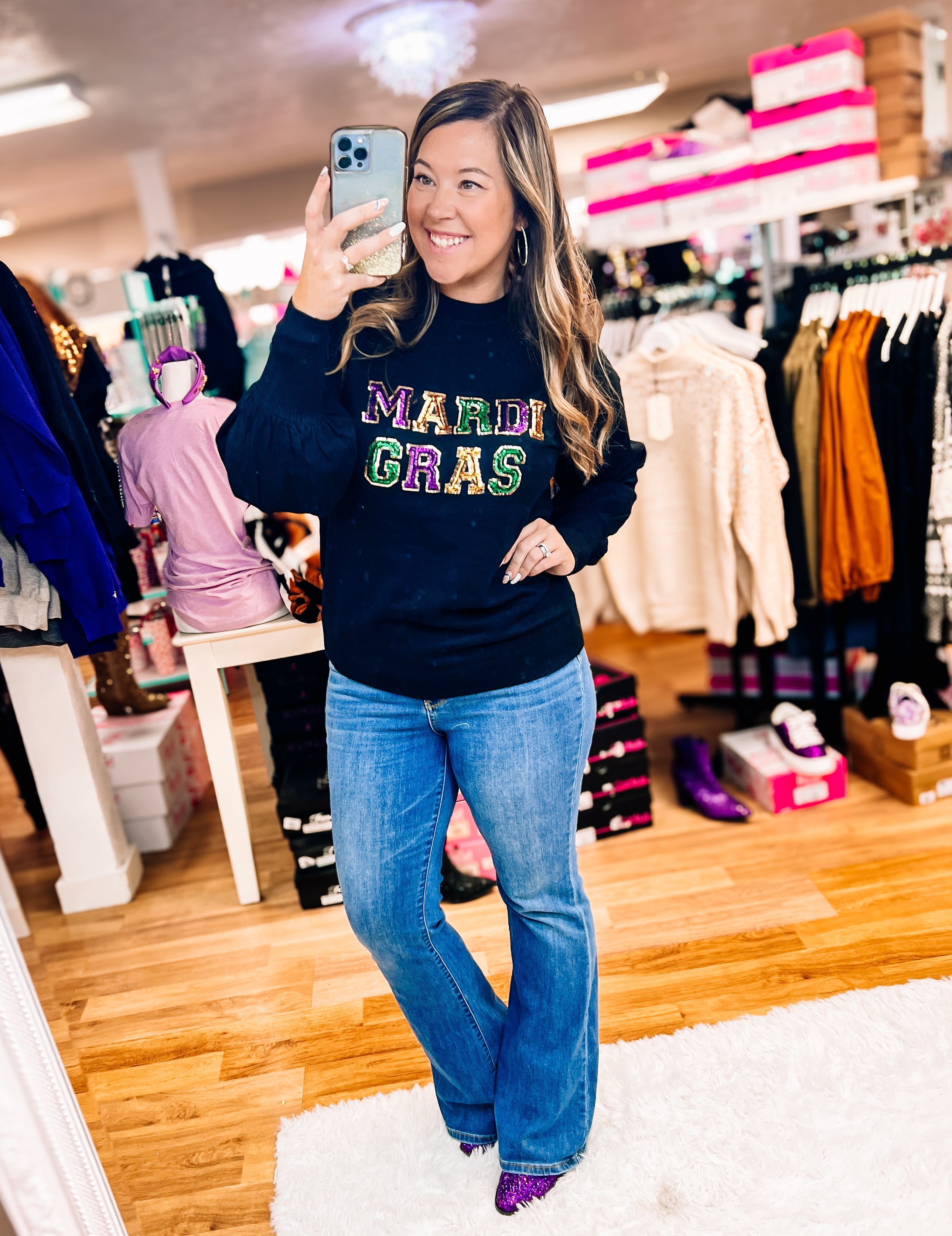 Sequin Mardi Gras Crew Neck - Black-Sweaters-Dear Me Southern Boutique, located in DeRidder, Louisiana