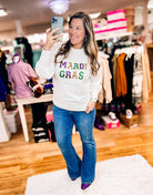 Sequin Mardi Gras Crew Neck - White-Sweaters-Dear Me Southern Boutique, located in DeRidder, Louisiana