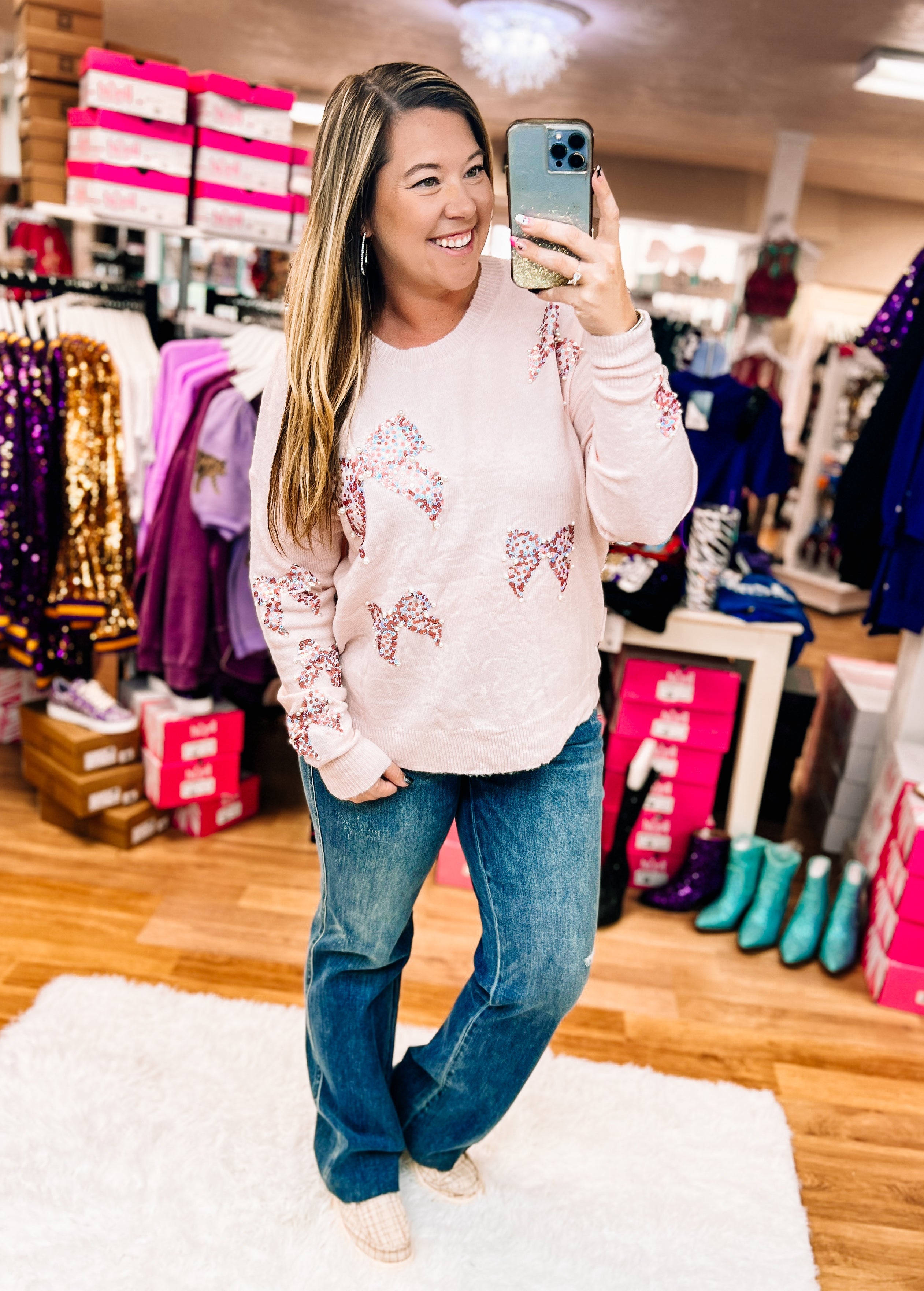 Sequin & Pearl Bow Blush Sweater-Sweaters-Dear Me Southern Boutique, located in DeRidder, Louisiana