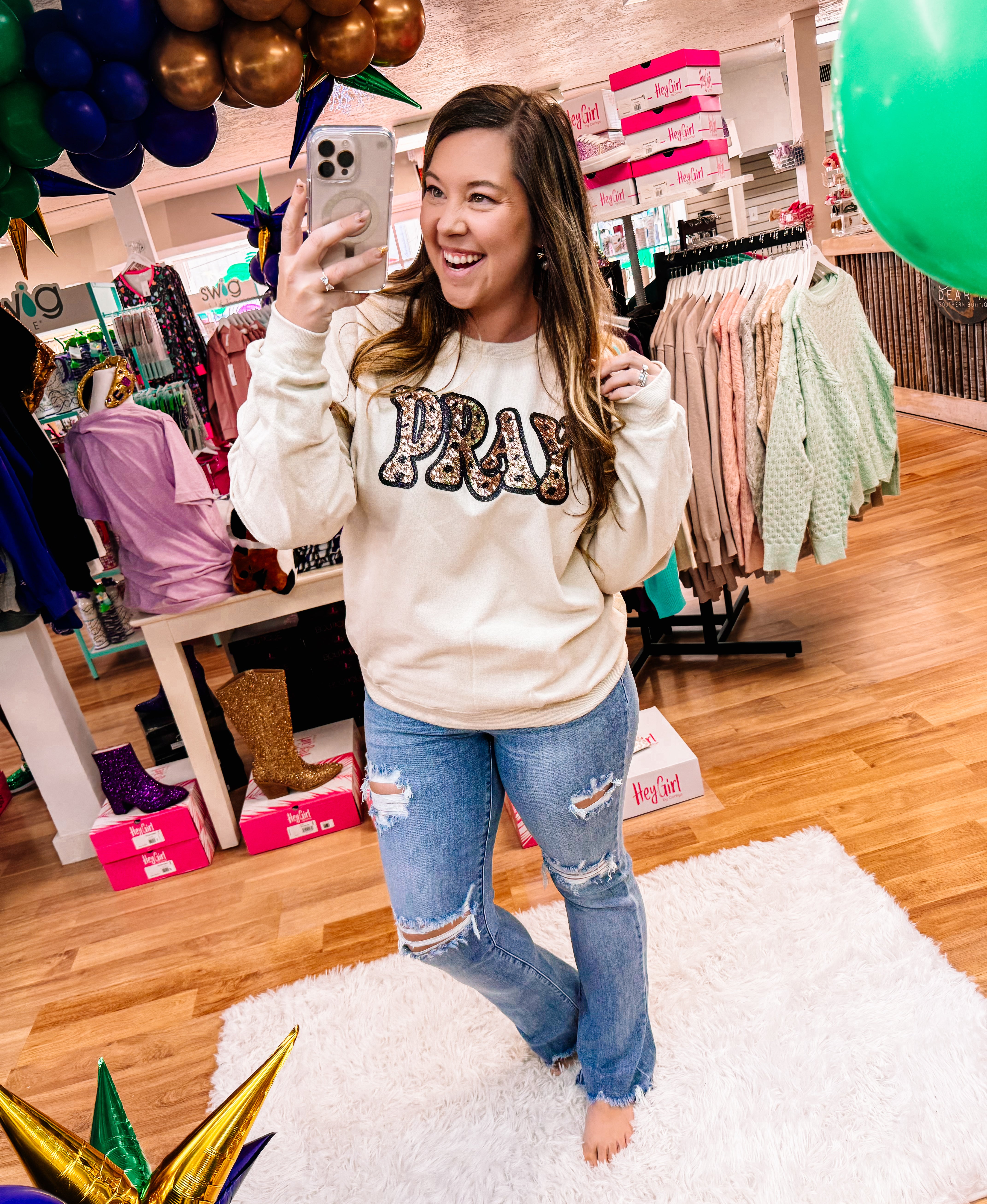 Sequin Polka Dot Pray Pullover-Sweatshirts-Dear Me Southern Boutique, located in DeRidder, Louisiana