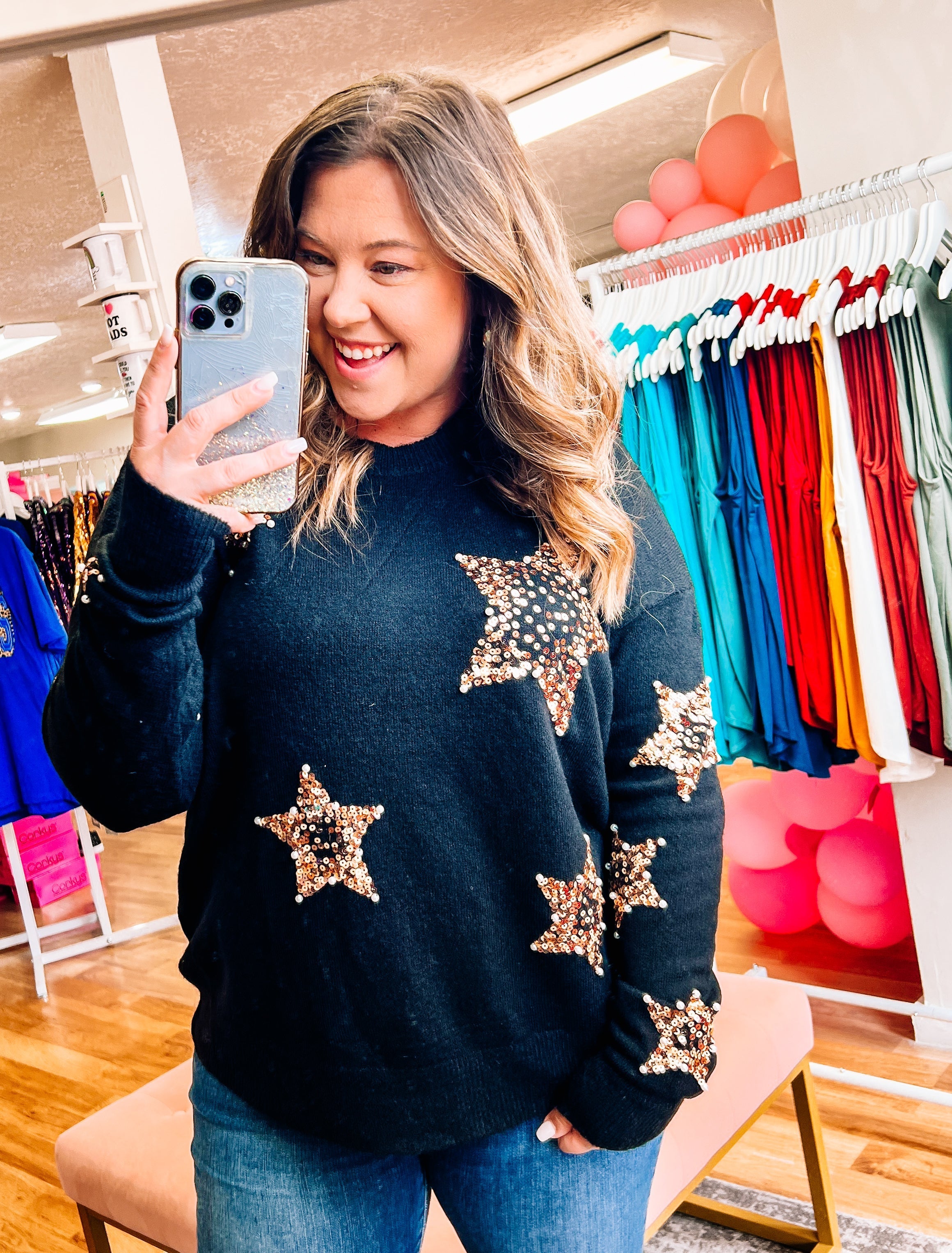 Sequins & Pearl Stars Sweater- Black-Tops-Dear Me Southern Boutique, located in DeRidder, Louisiana