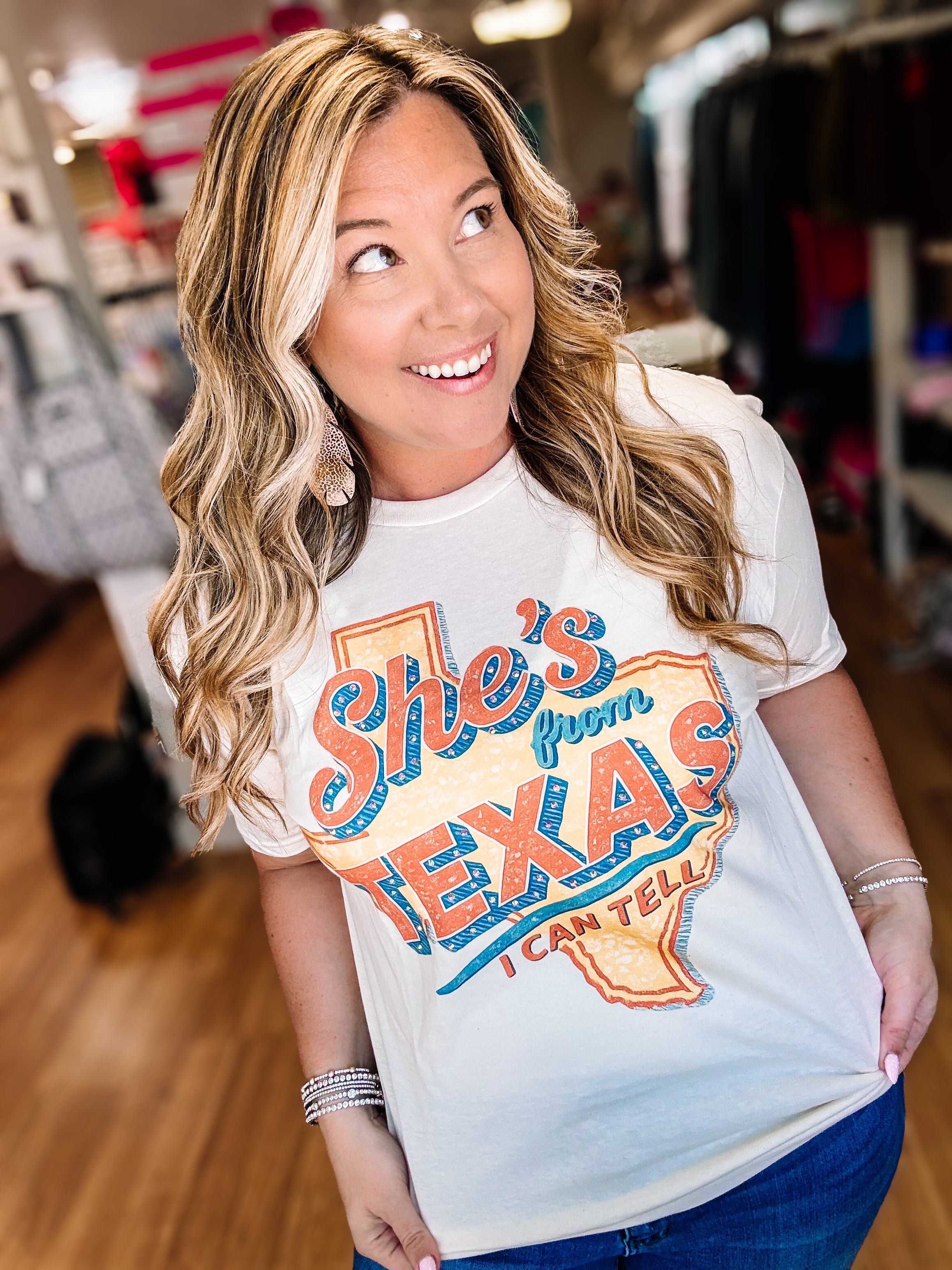 She’s From Texas Bougie Rhinestone Tee-Presales-Dear Me Southern Boutique, located in DeRidder, Louisiana