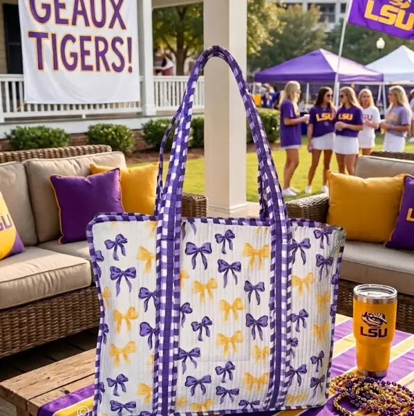 Sideline Social Bow LSU Tote Bag-Tote Bags-Dear Me Southern Boutique, located in DeRidder, Louisiana