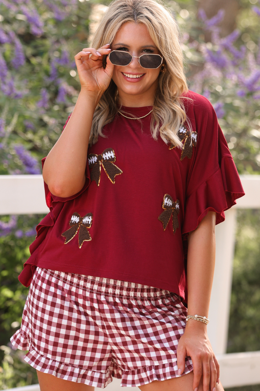 Sideline Sparkle Ruffle Top, Maroon-Top-Dear Me Southern Boutique, located in DeRidder, Louisiana