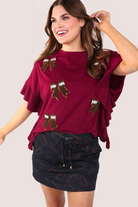 Sideline Sparkle Ruffle Top, Maroon-Top-Dear Me Southern Boutique, located in DeRidder, Louisiana