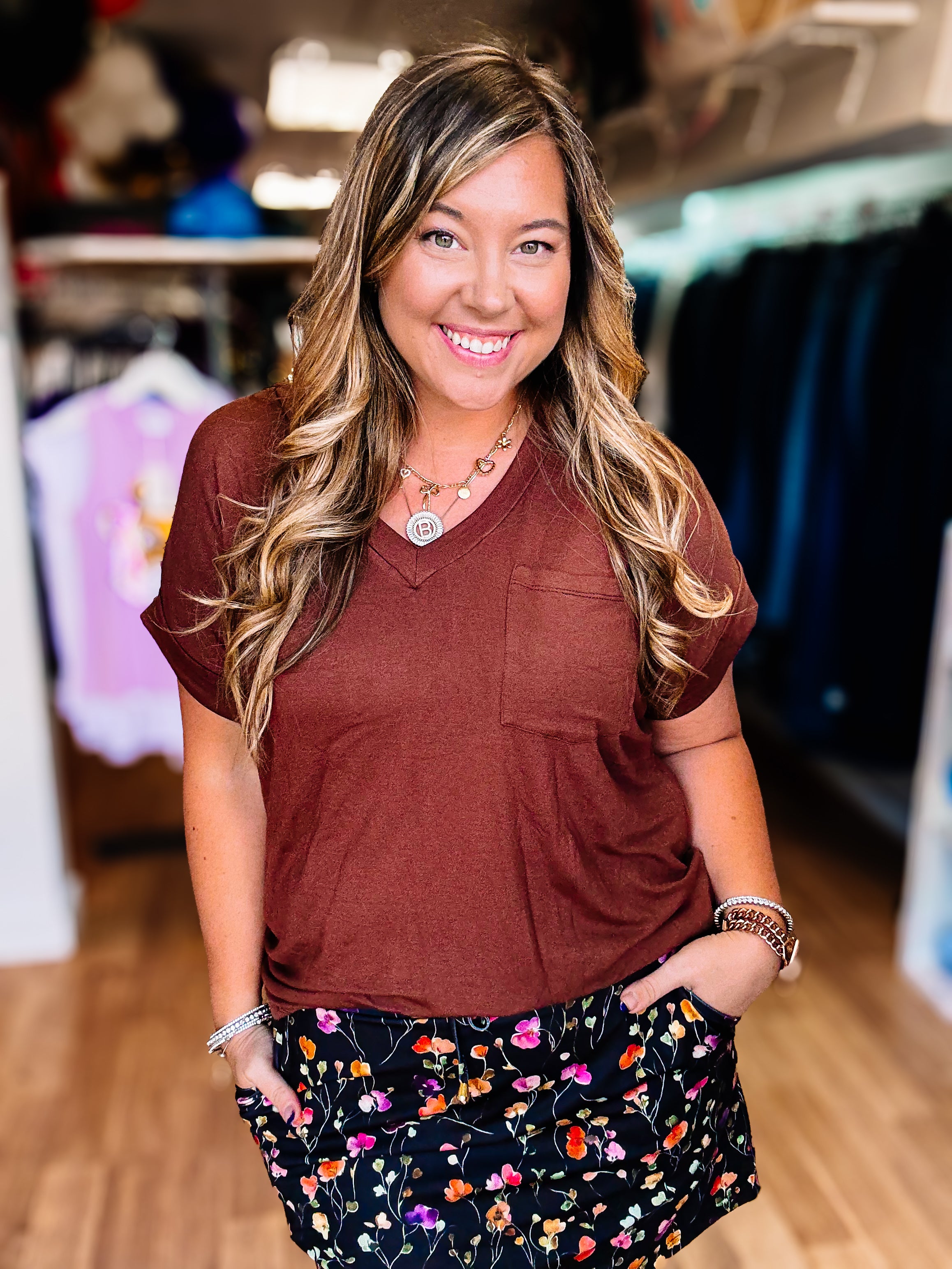 Sierra Pocket Top - Chocolate-Blouses-Dear Me Southern Boutique, located in DeRidder, Louisiana