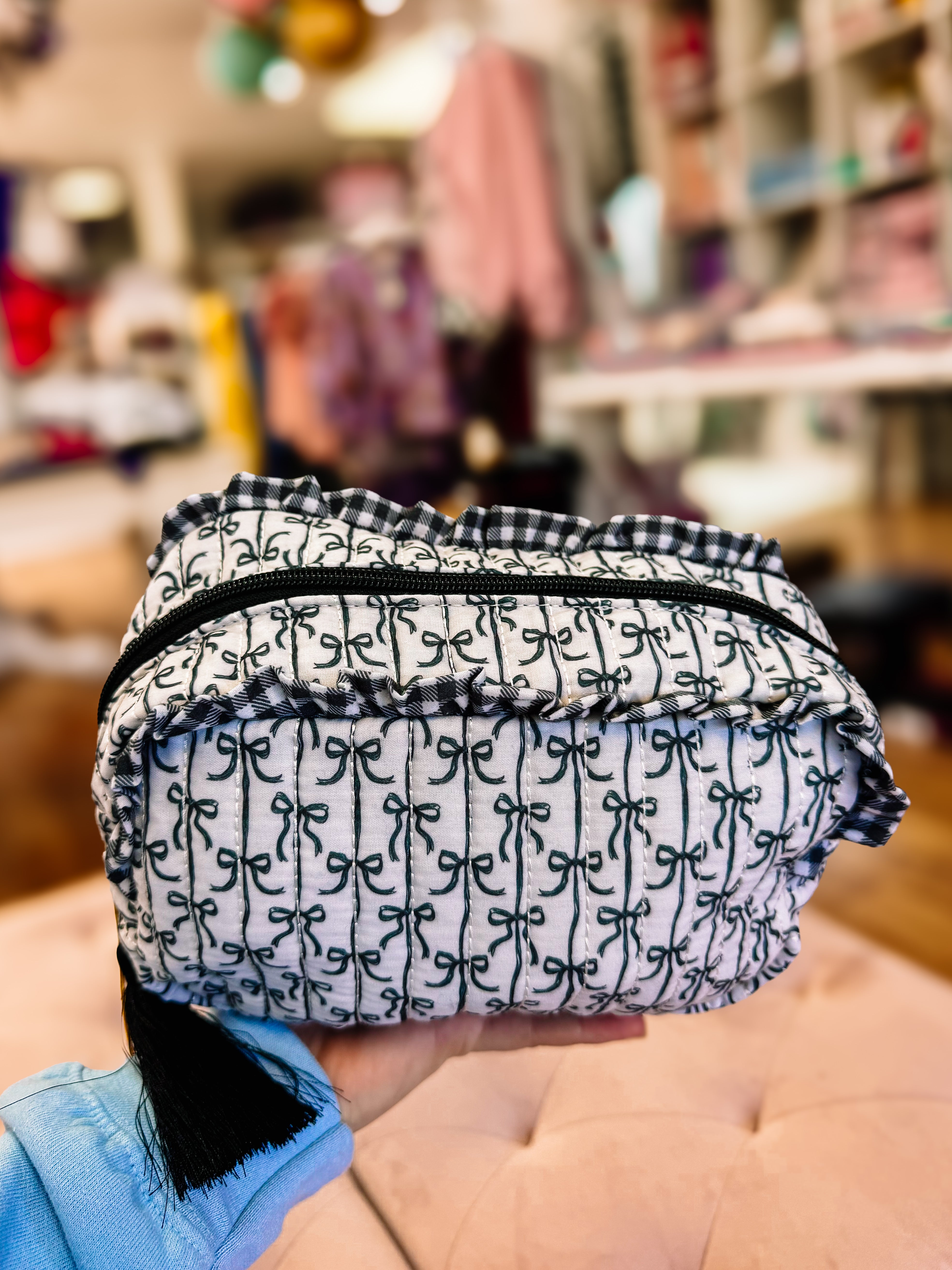 Simply Southern Black Bow Ruffle Travel Bag-Travel Bag-Dear Me Southern Boutique, located in DeRidder, Louisiana