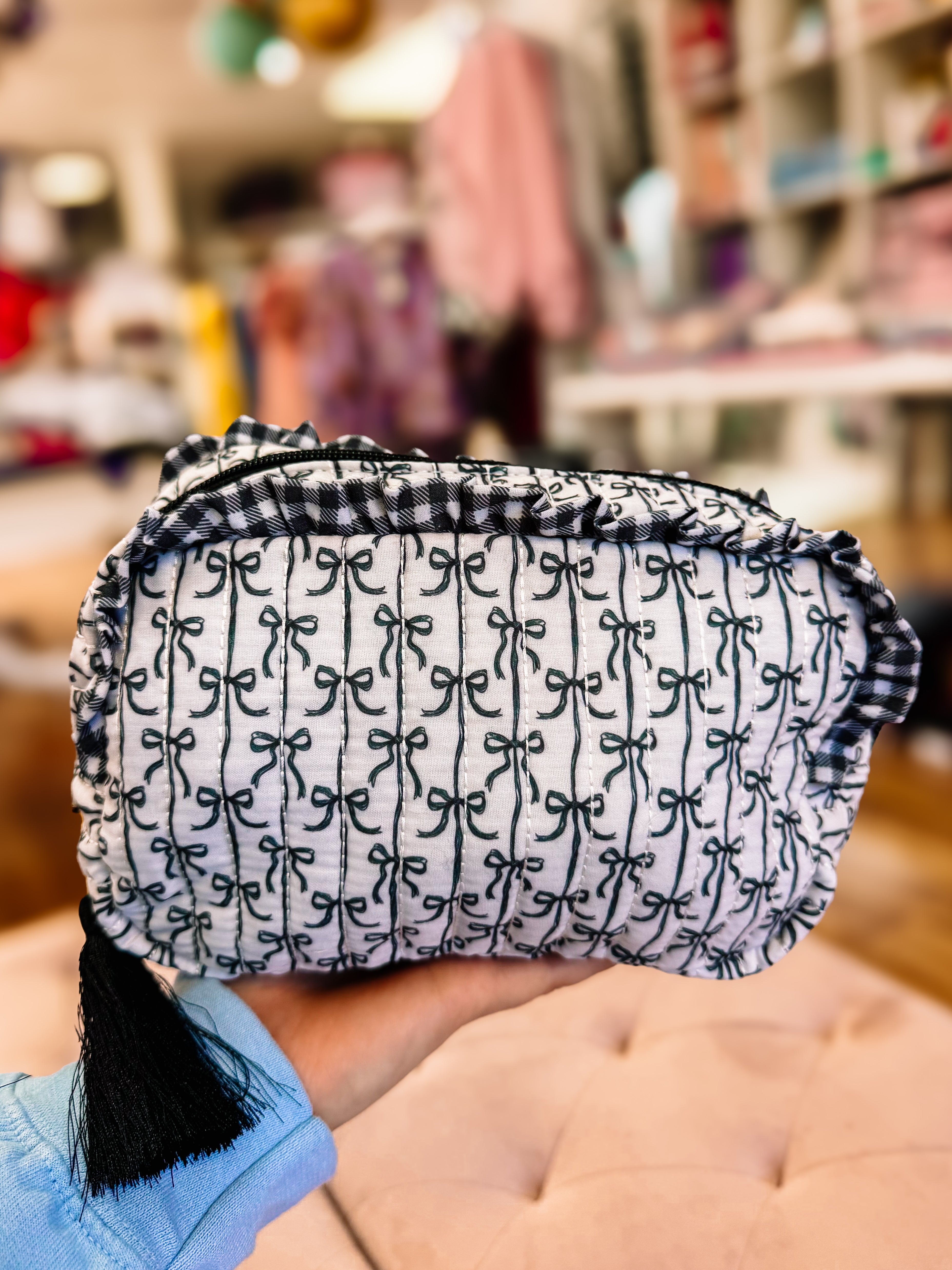 Simply Southern Black Bow Ruffle Travel Bag-Travel Bag-Dear Me Southern Boutique, located in DeRidder, Louisiana