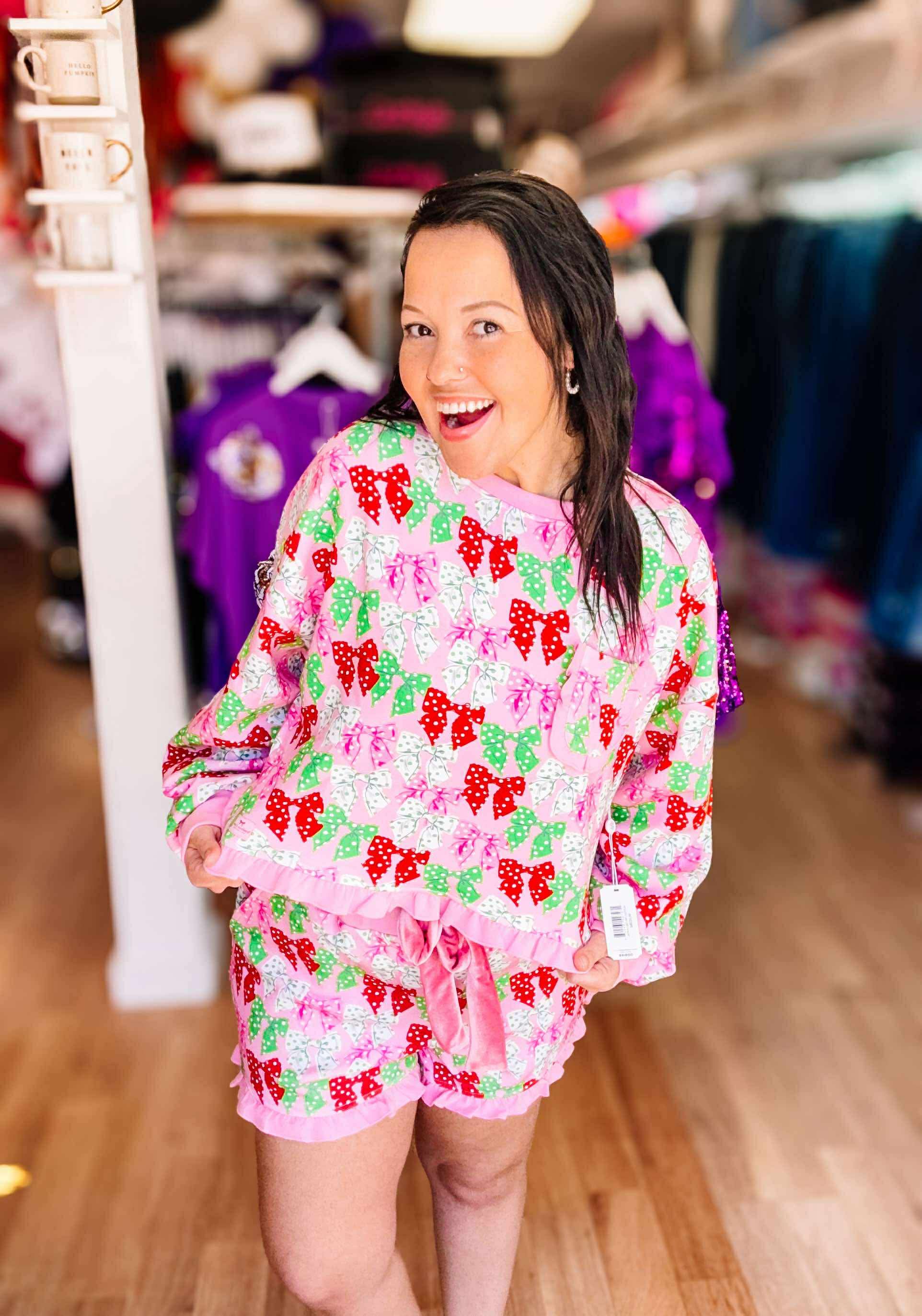 Simply Southern Pretty In Bows & Dots Ruffle Pajama Set-Pajamas-Dear Me Southern Boutique, located in DeRidder, Louisiana