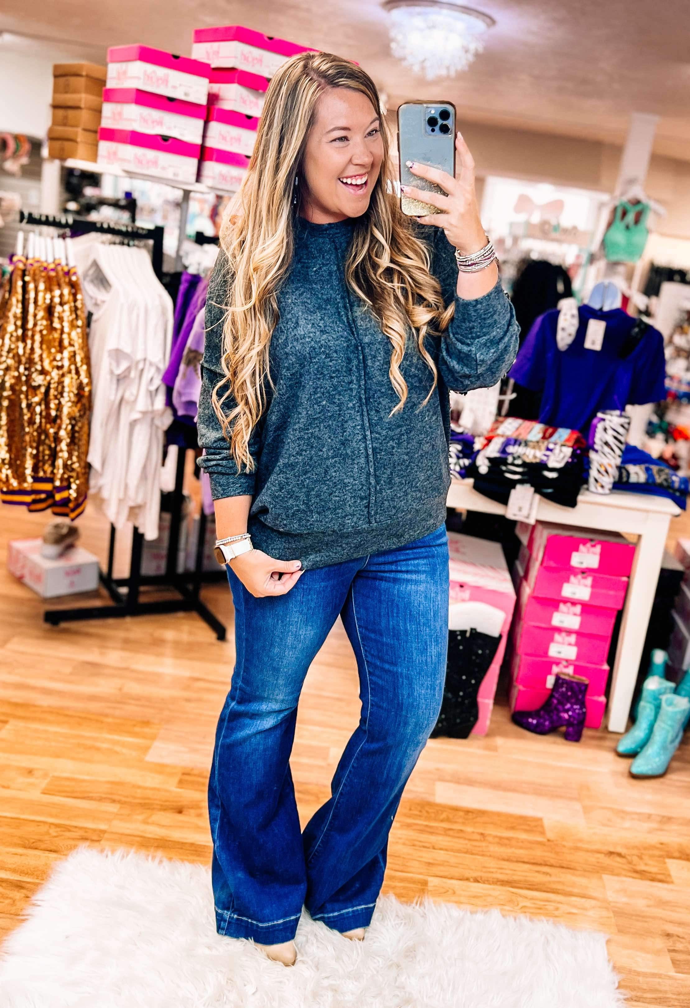 Simply Sublime Exposed Seam Sweater - Charcoal-Sweaters-Dear Me Southern Boutique, located in DeRidder, Louisiana