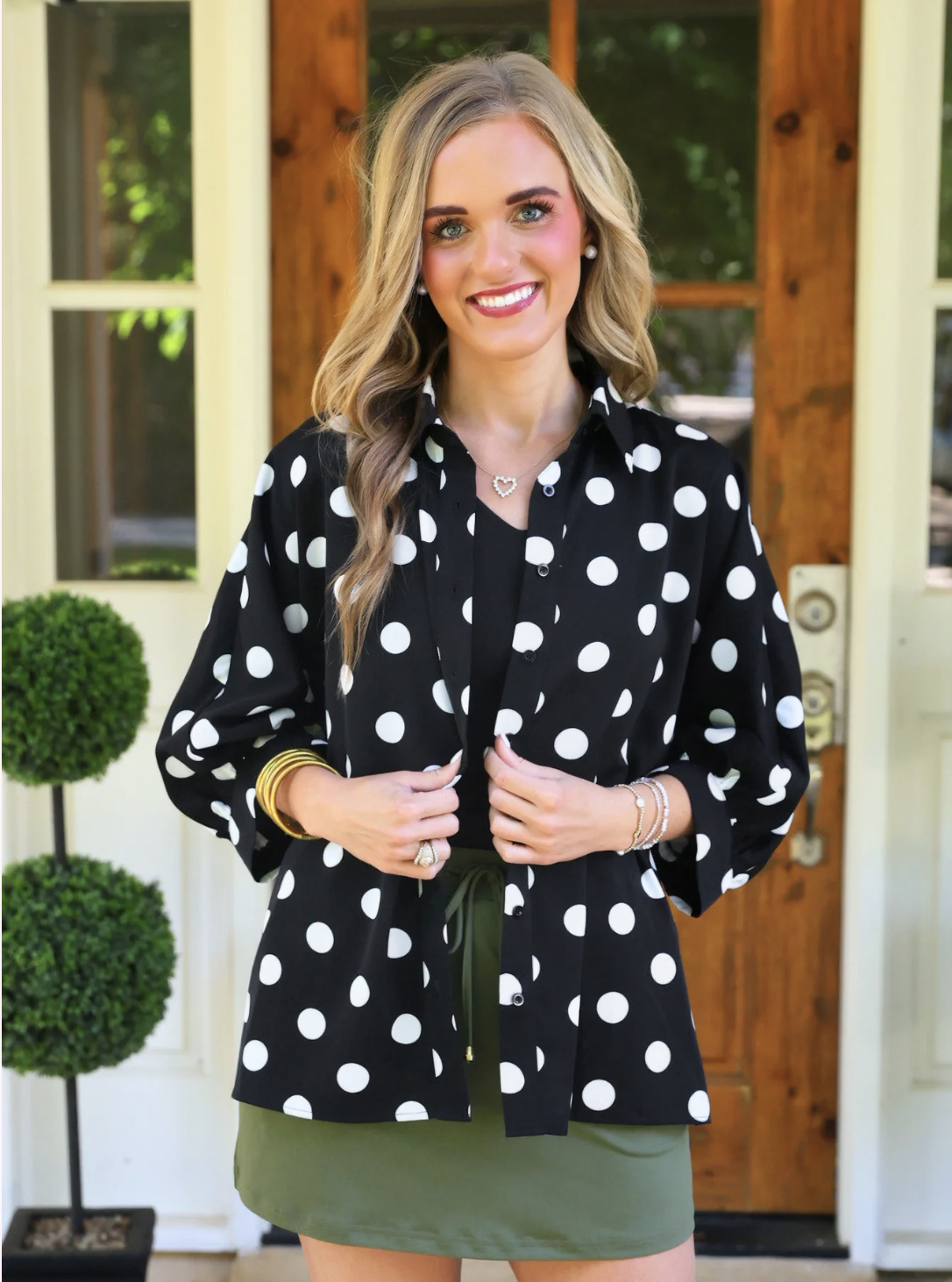 Sloane Button Up Top - After Dark Polka Dot-Presales-Dear Me Southern Boutique, located in DeRidder, Louisiana