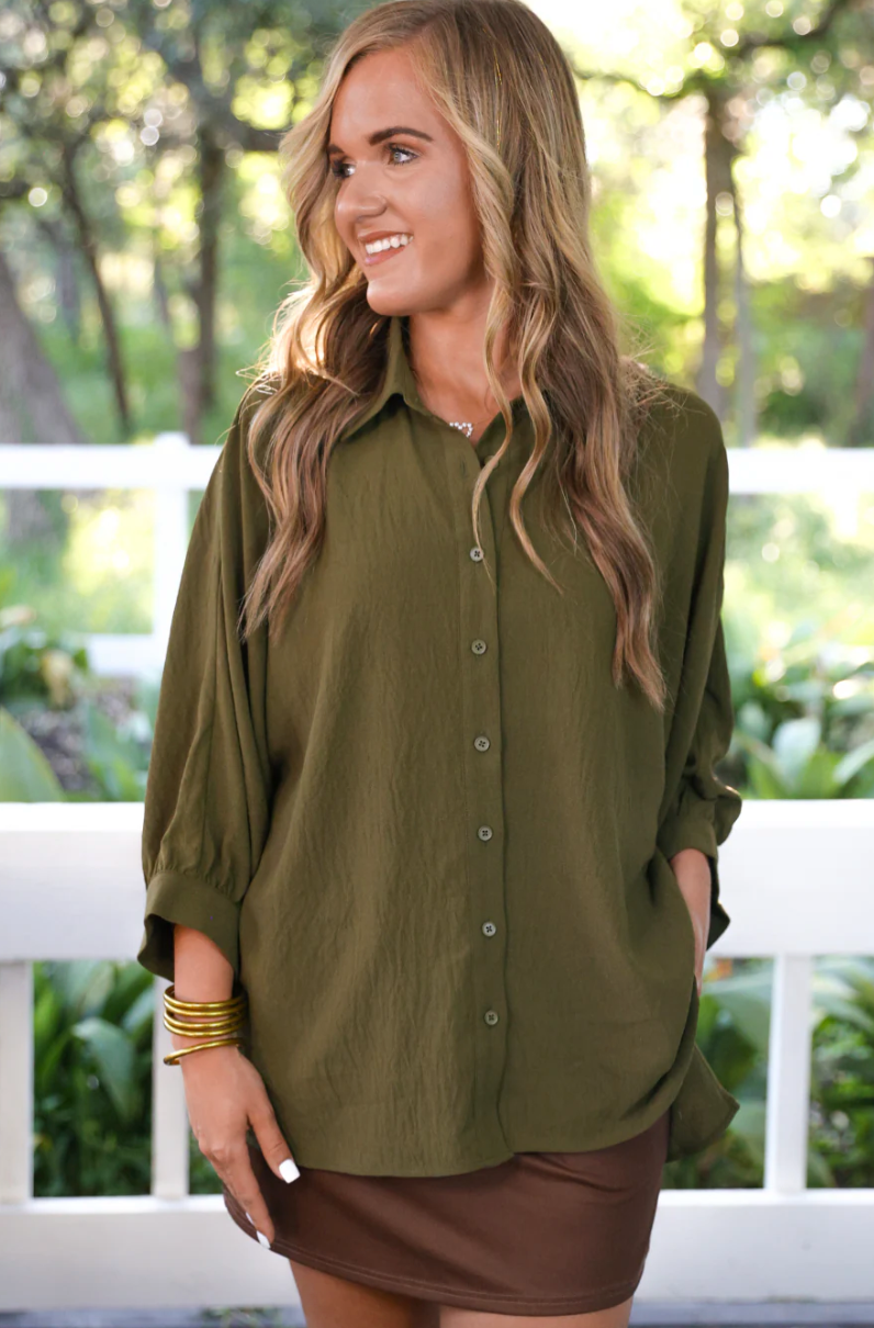 Sloane Button Up Top - Olive-Dear Me Southern Boutique, located in DeRidder, Louisiana