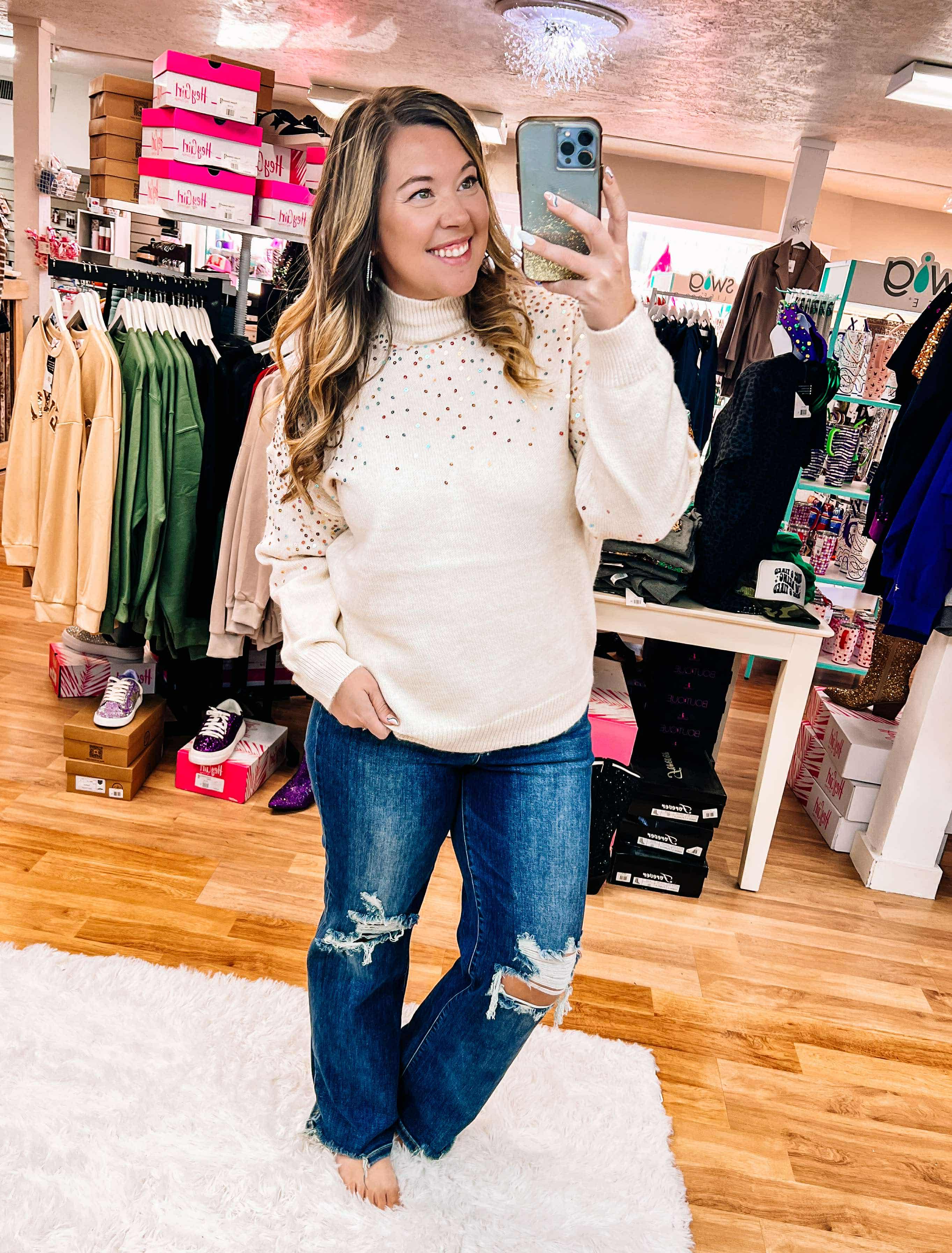 Snow Bunny Sequin Sweater-Sweaters-Dear Me Southern Boutique, located in DeRidder, Louisiana