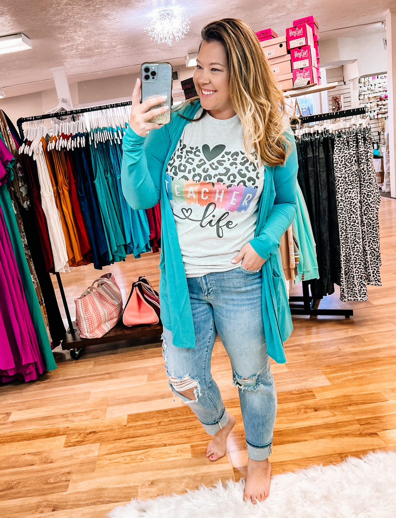 Solid Staple Cardigan - Teal-Tops-Dear Me Southern Boutique, located in DeRidder, Louisiana