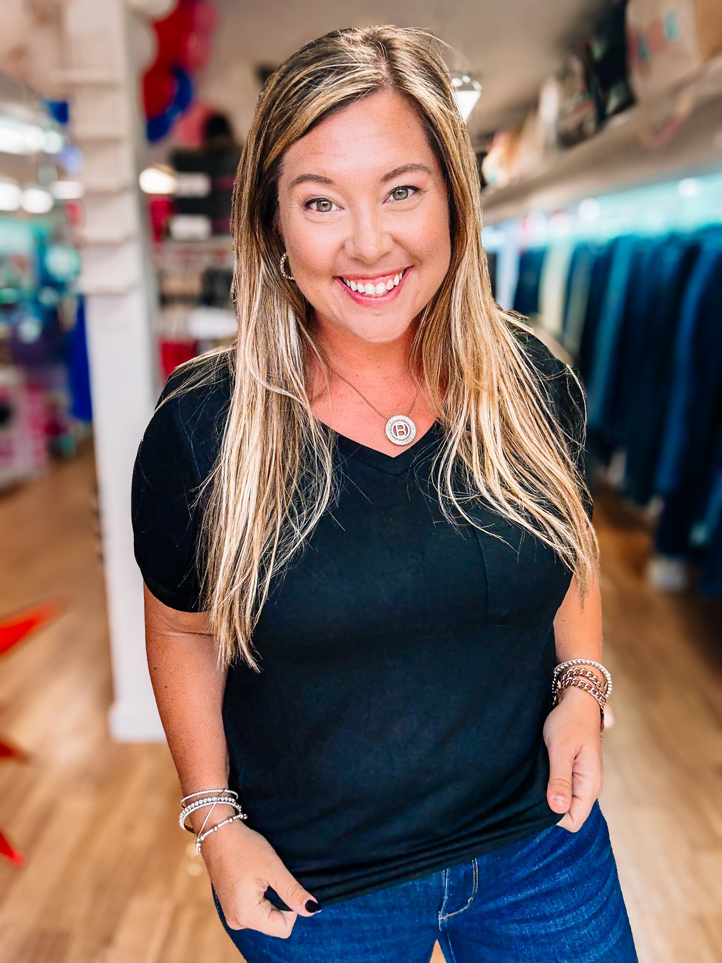Sophie Pocket Tee - Black-Tops-Dear Me Southern Boutique, located in DeRidder, Louisiana