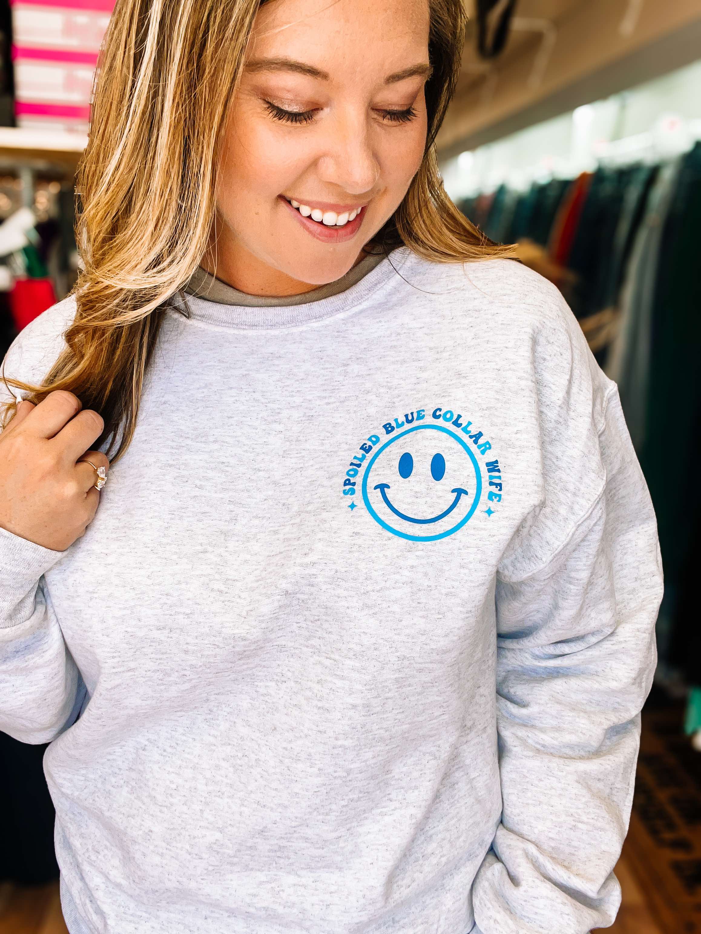 Spoiled Blue Collar Wife Sweatshirt-Graphic Tops-Dear Me Southern Boutique, located in DeRidder, Louisiana