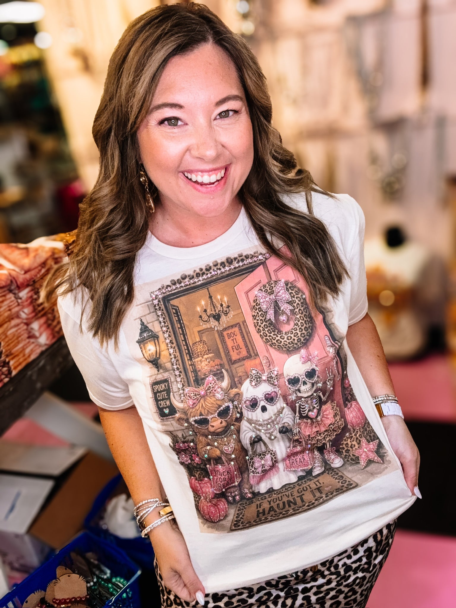 Spooky Cute Crew Bougie Rhinestone Tee-Graphic Tees-Dear Me Southern Boutique, located in DeRidder, Louisiana