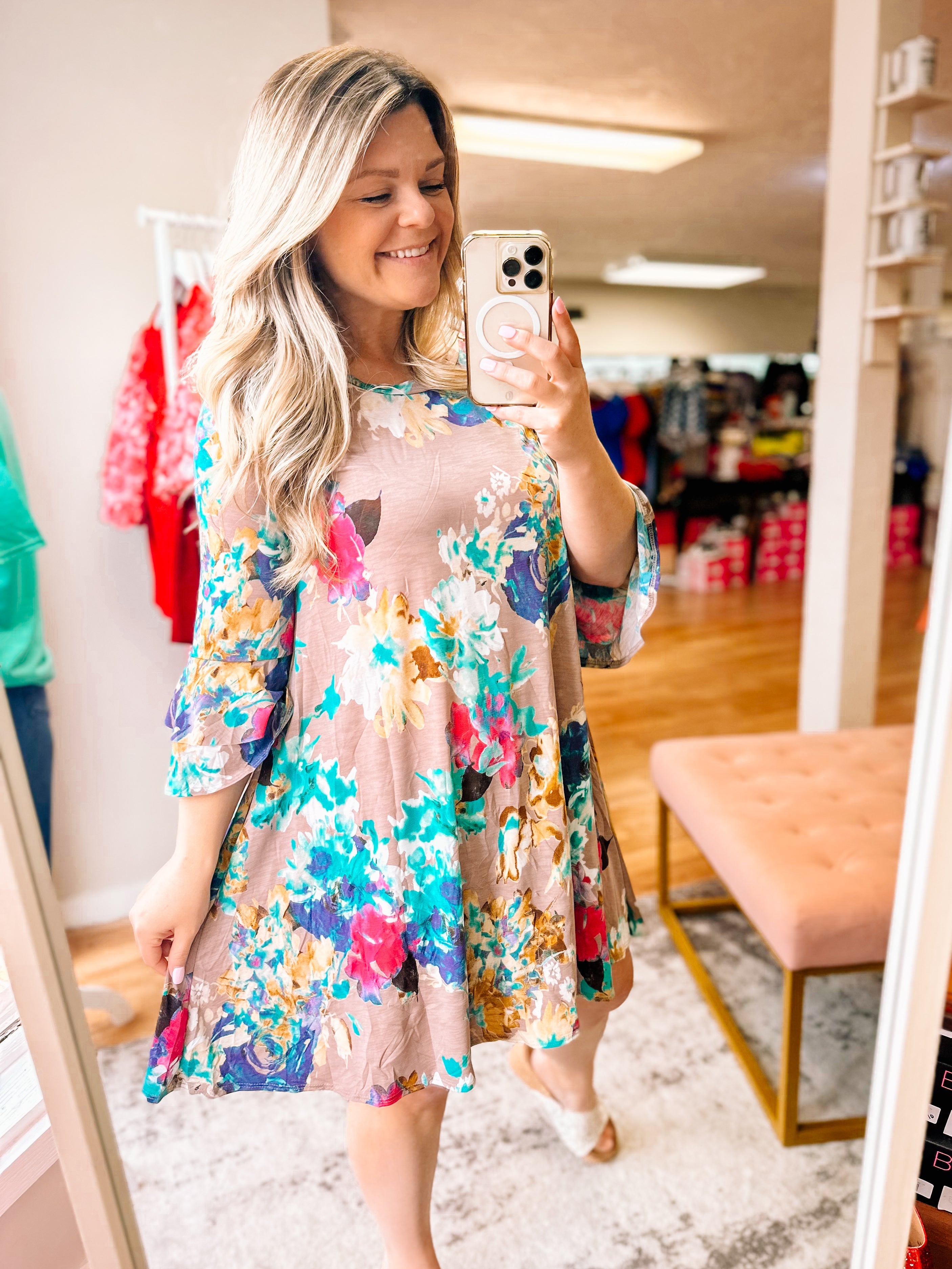 Spread Joy Watercolor Floral Dress-Dresses-Dear Me Southern Boutique, located in DeRidder, Louisiana