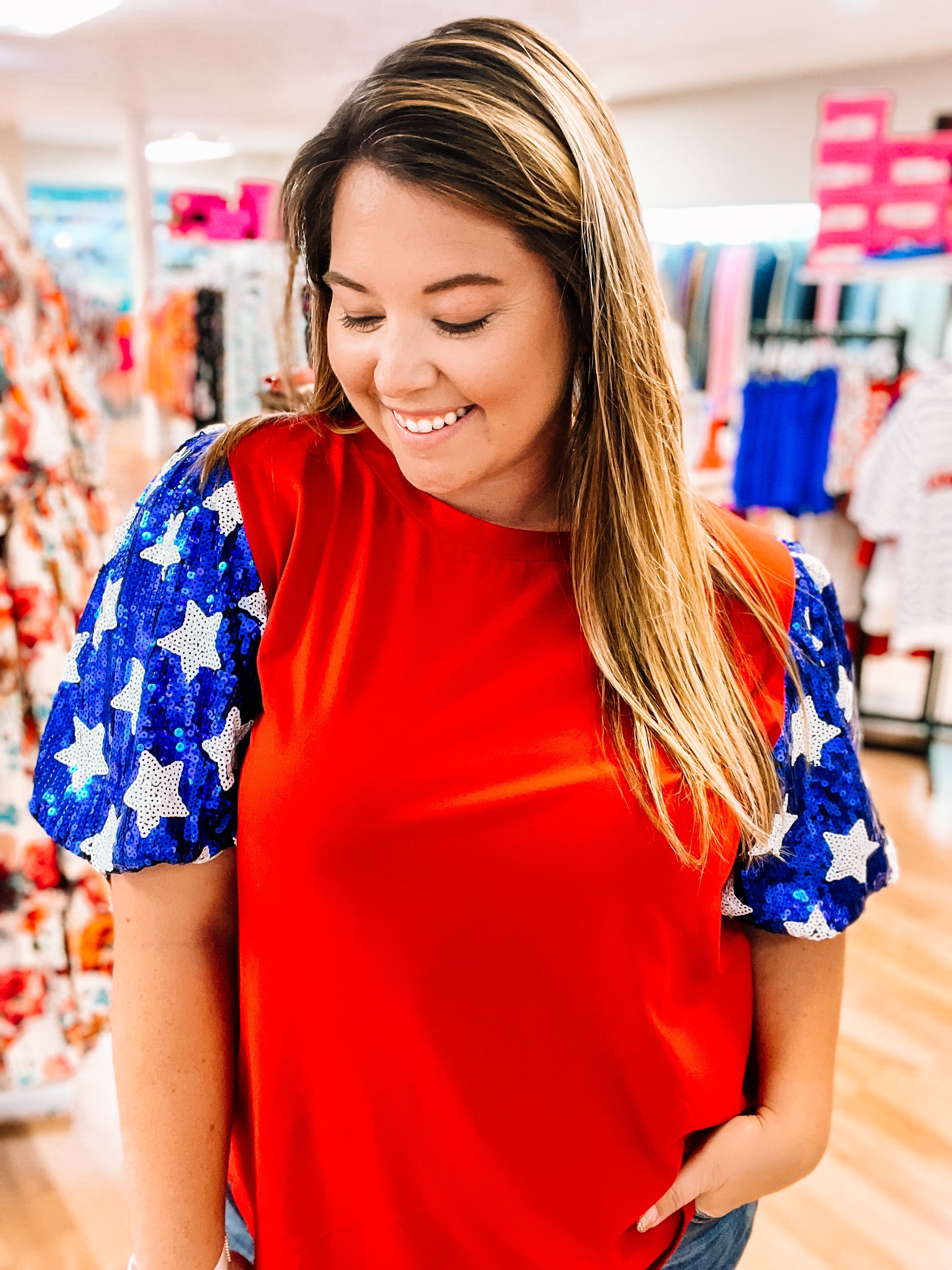 Star Spangled Sequin Puff Sleeve Top-Tops-Dear Me Southern Boutique, located in DeRidder, Louisiana