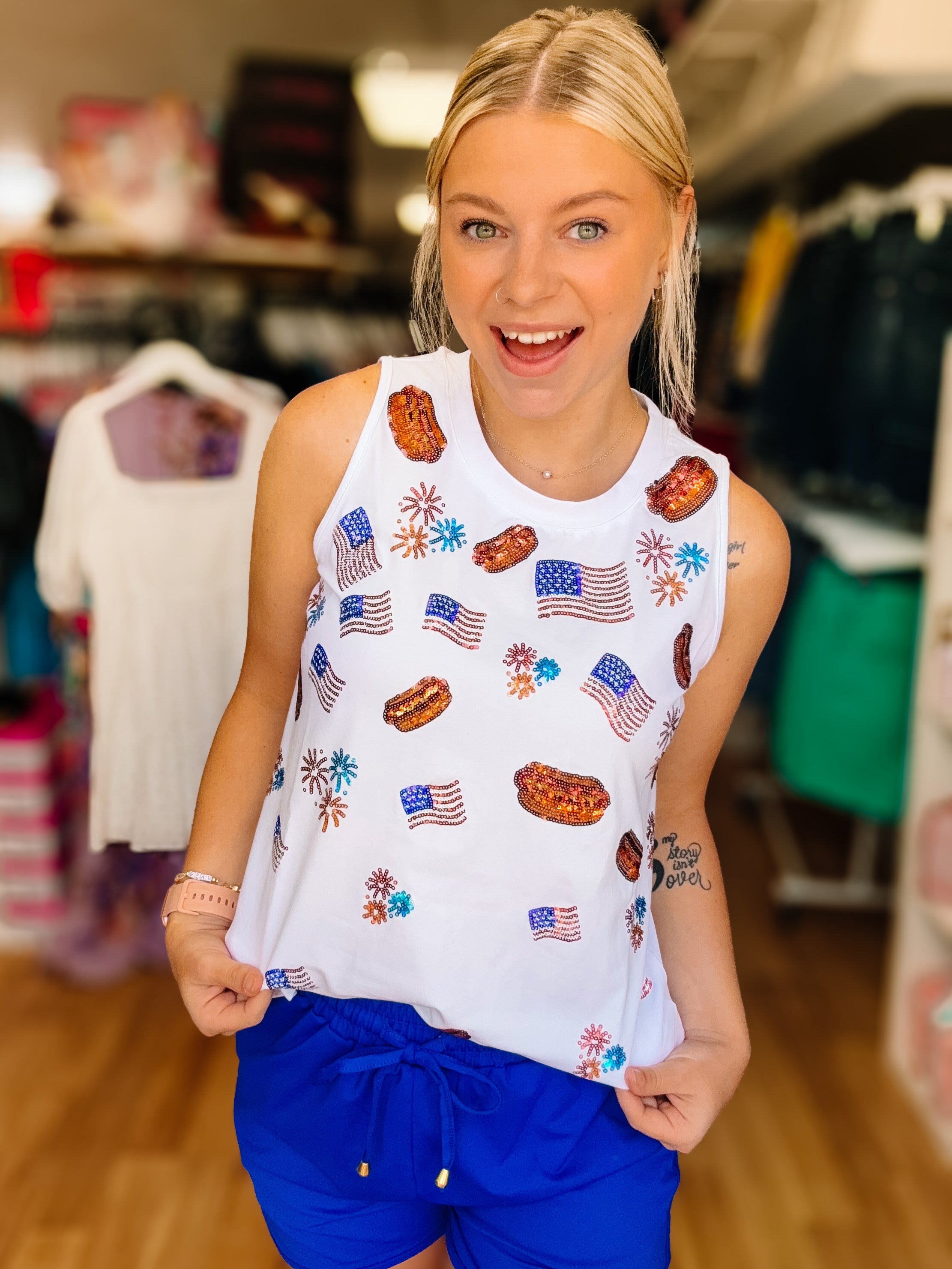 Stars, Stripes & Hot Dogs Tank-Tank Tops-Dear Me Southern Boutique, located in DeRidder, Louisiana