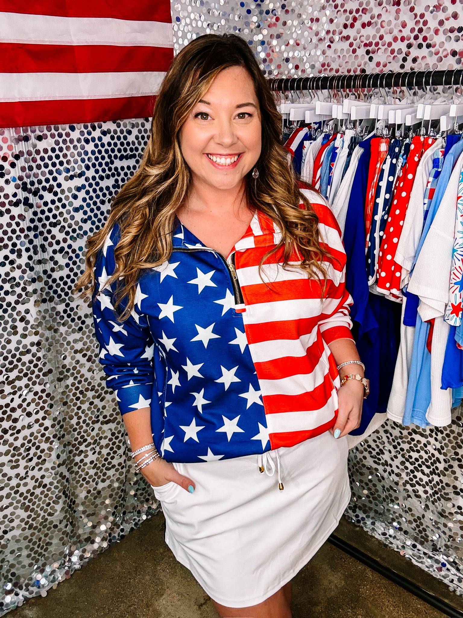 Stars and Stripes Quarter Zip Pullover-Sweater-Dear Me Southern Boutique, located in DeRidder, Louisiana