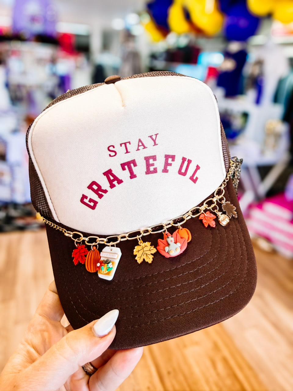 Stay Grateful Fall Trucker Hat-hat-Dear Me Southern Boutique, located in DeRidder, Louisiana