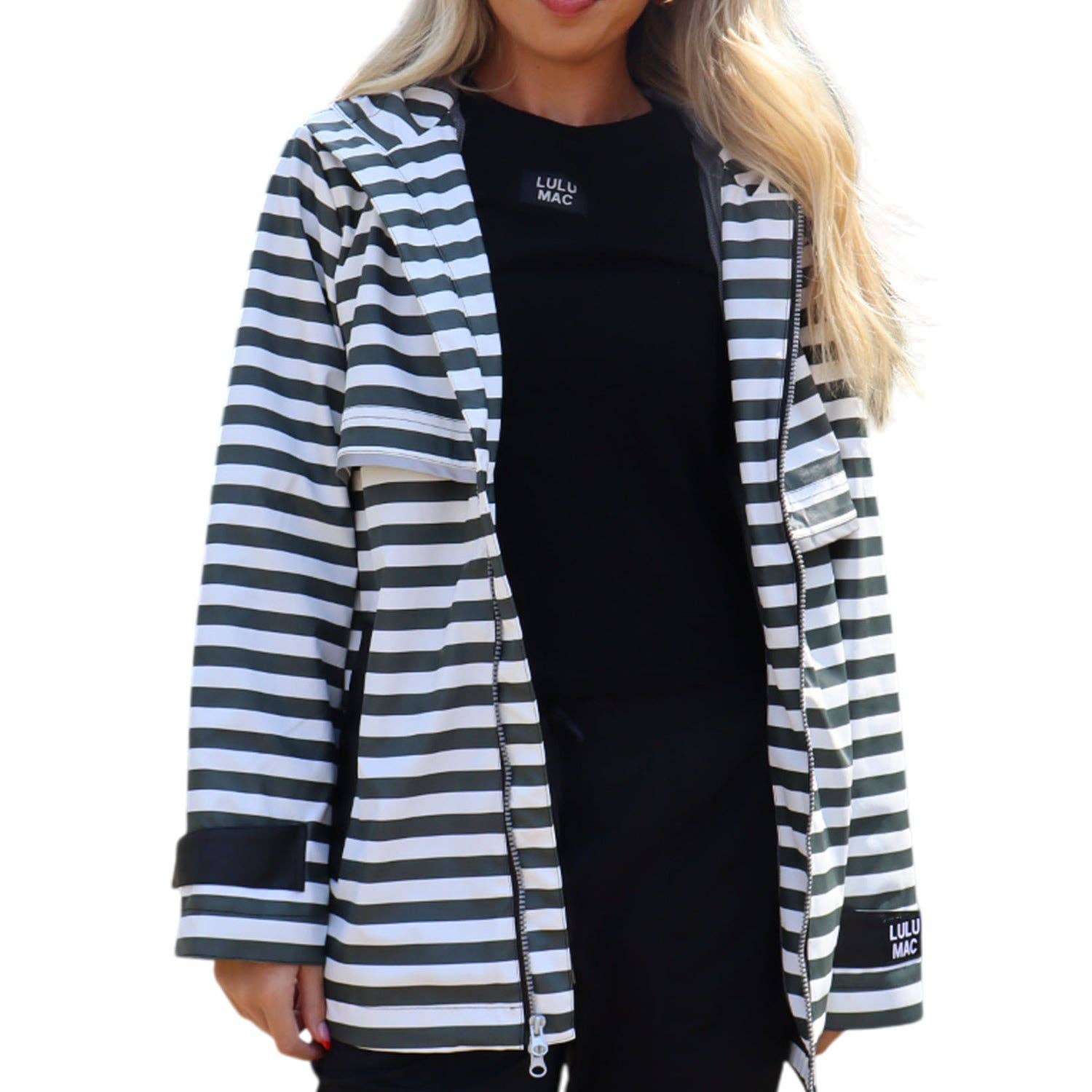 Stripe Me Lucky Rain Jacket-Black/White-Jackets-Dear Me Southern Boutique, located in DeRidder, Louisiana