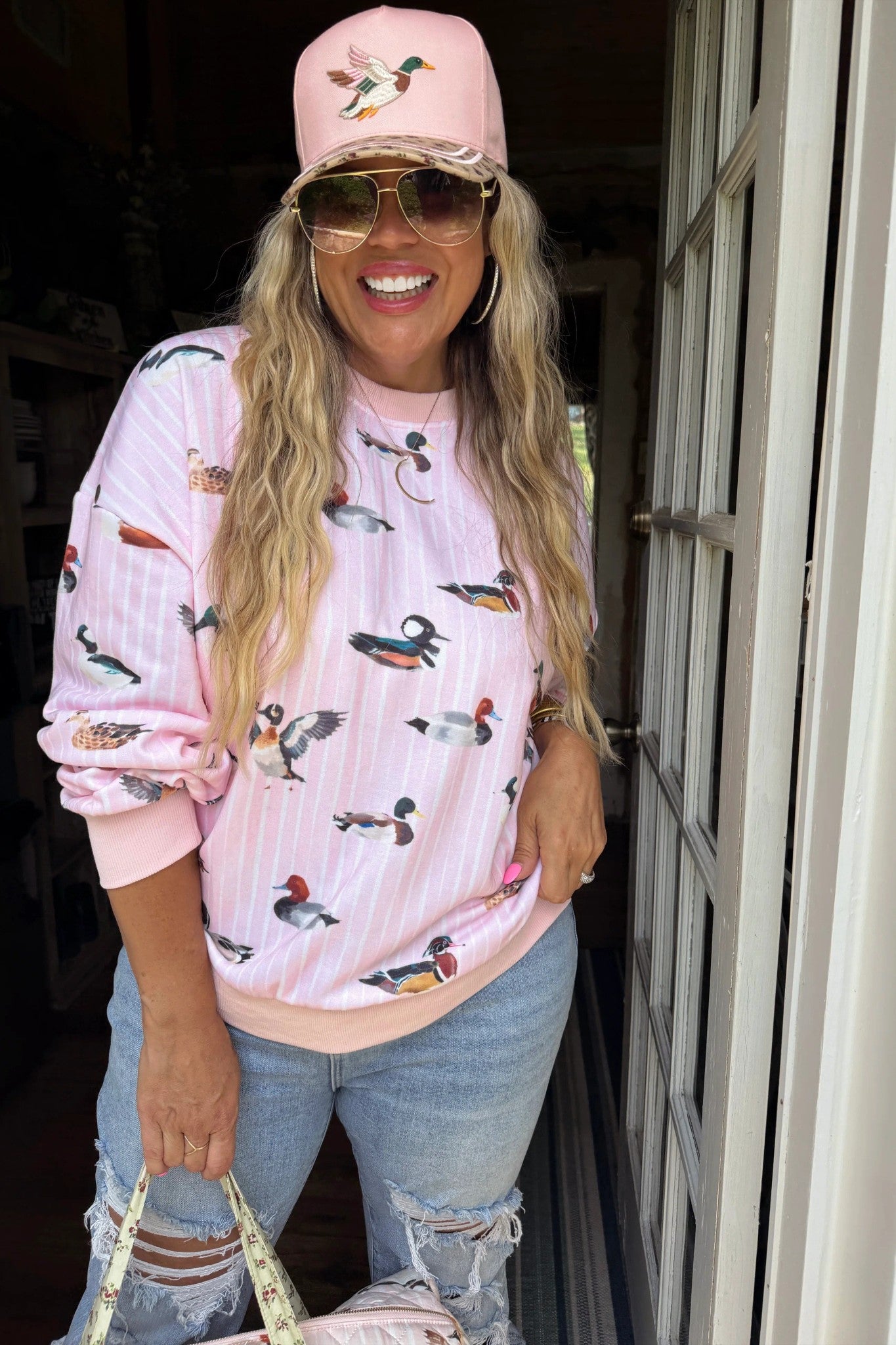 Striped Pink Duck Pullover-Sweatshirts-Dear Me Southern Boutique, located in DeRidder, Louisiana