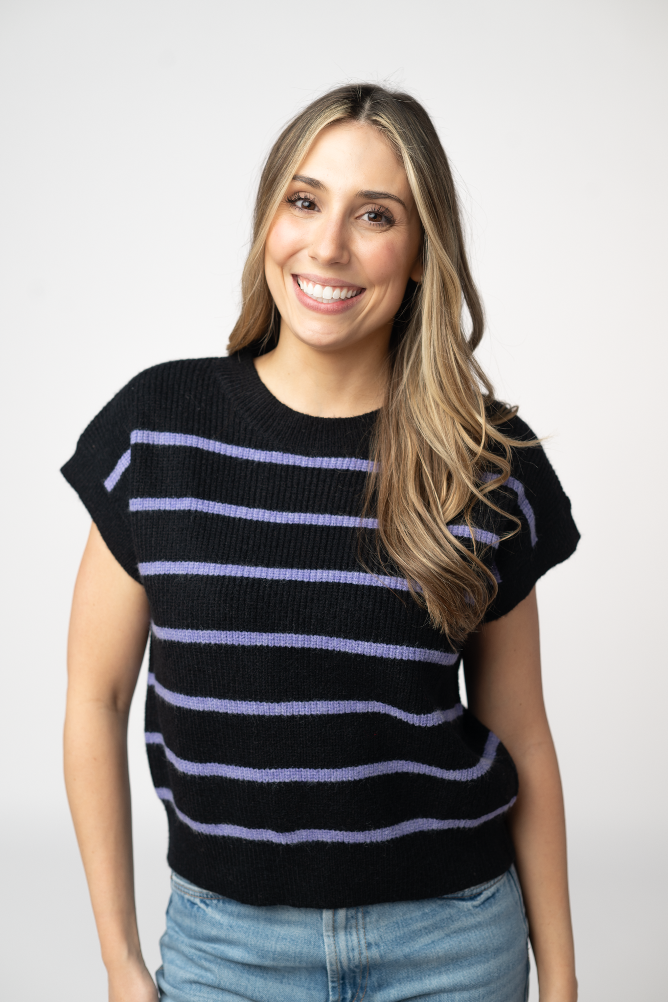 Striped Sweater Top - Black and Purple-Sweater-Dear Me Southern Boutique, located in DeRidder, Louisiana