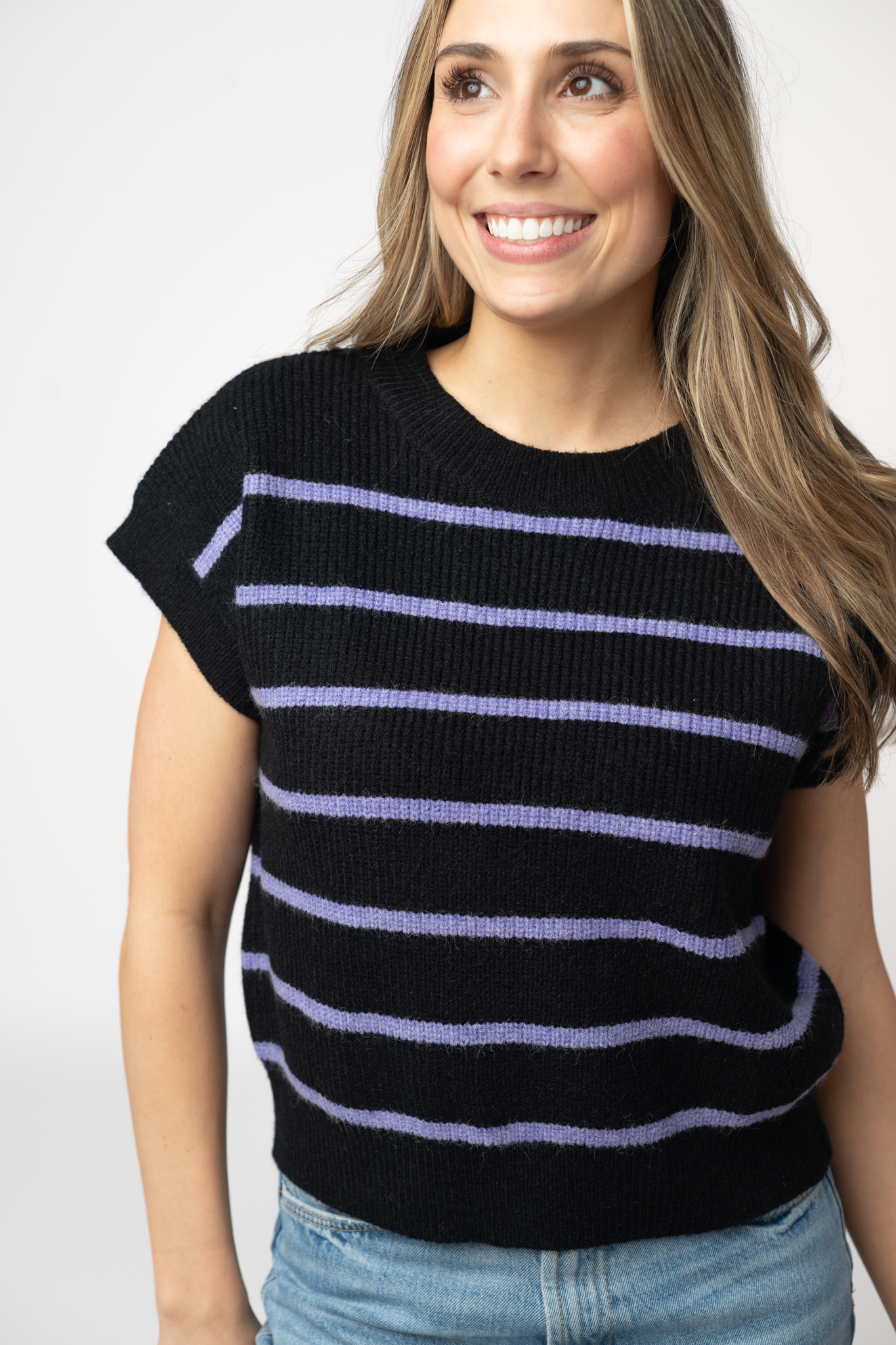 Striped Sweater Top - Black and Purple-Sweater-Dear Me Southern Boutique, located in DeRidder, Louisiana