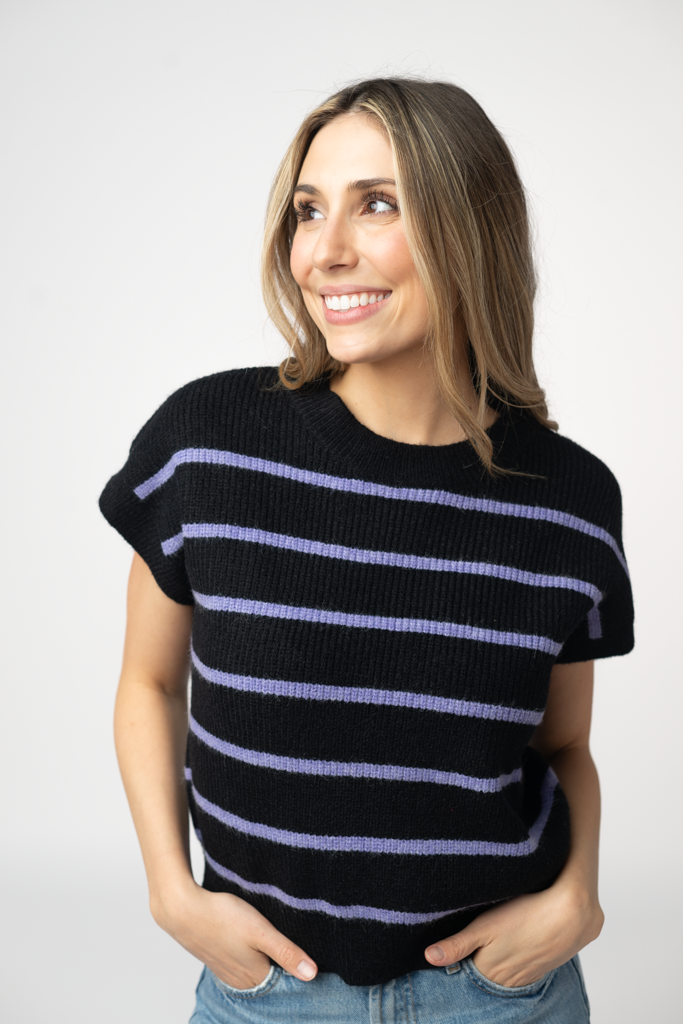 Striped Sweater Top - Black and Purple-Sweater-Dear Me Southern Boutique, located in DeRidder, Louisiana