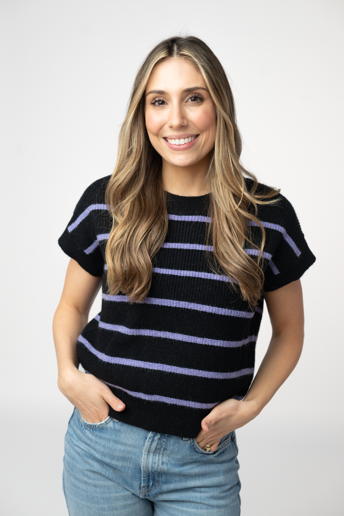 Striped Sweater Top - Black and Purple-Sweaters-Dear Me Southern Boutique, located in DeRidder, Louisiana
