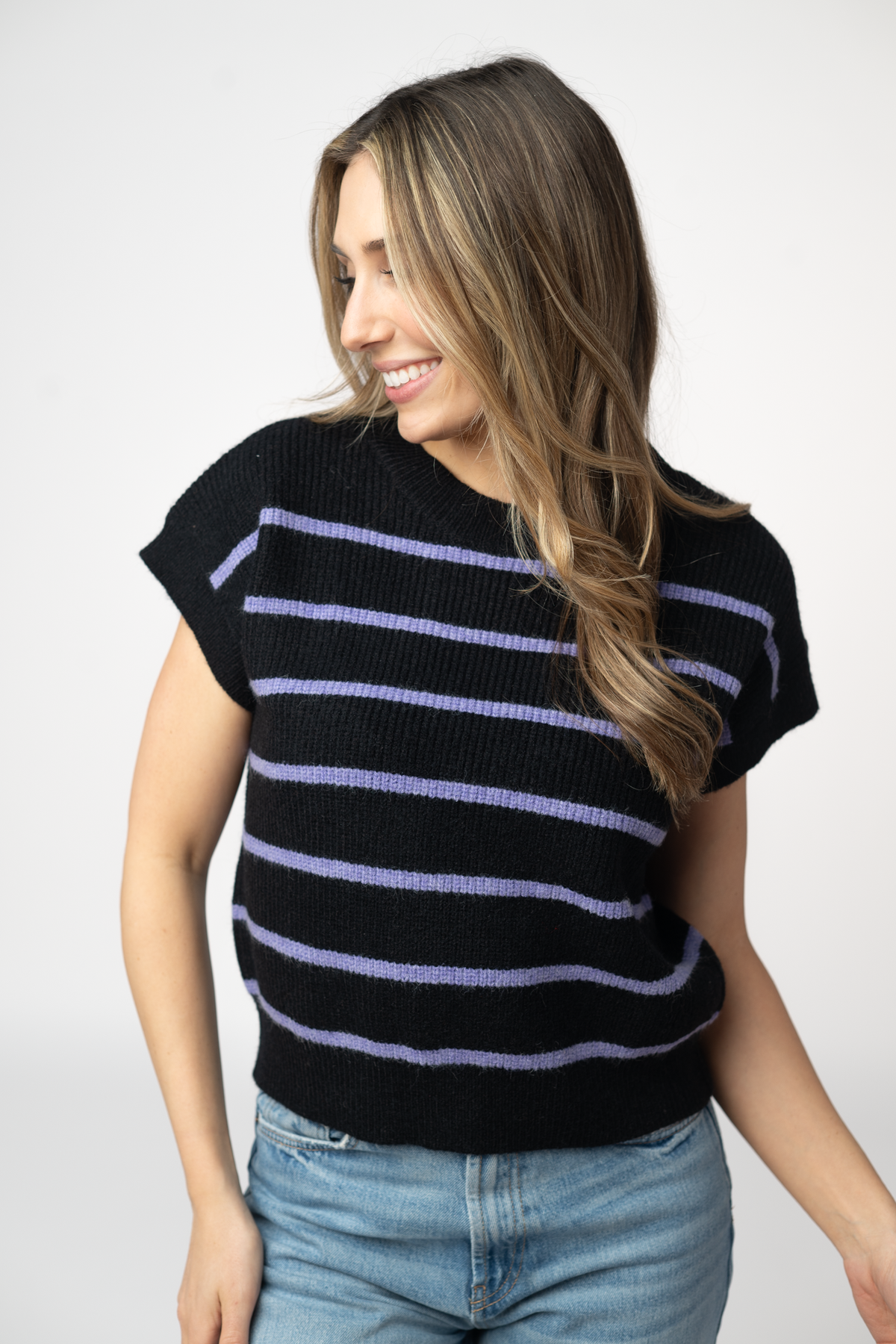 Striped Sweater Top - Black and Purple-Sweaters-Dear Me Southern Boutique, located in DeRidder, Louisiana