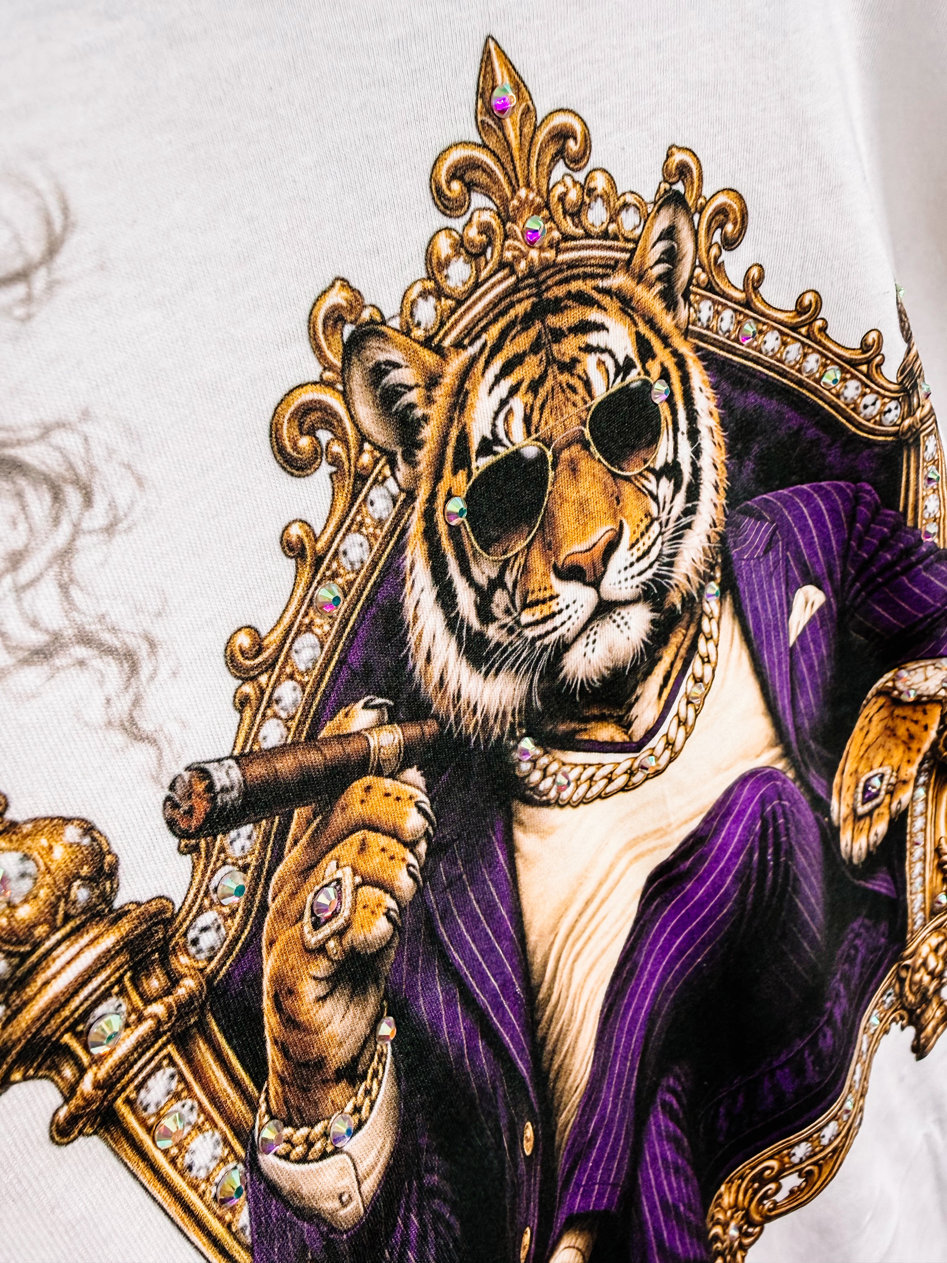 Suited Up for Saturday Tiger Bougie Rhinestone Tee-Rhinestone Tee-Dear Me Southern Boutique, located in DeRidder, Louisiana
