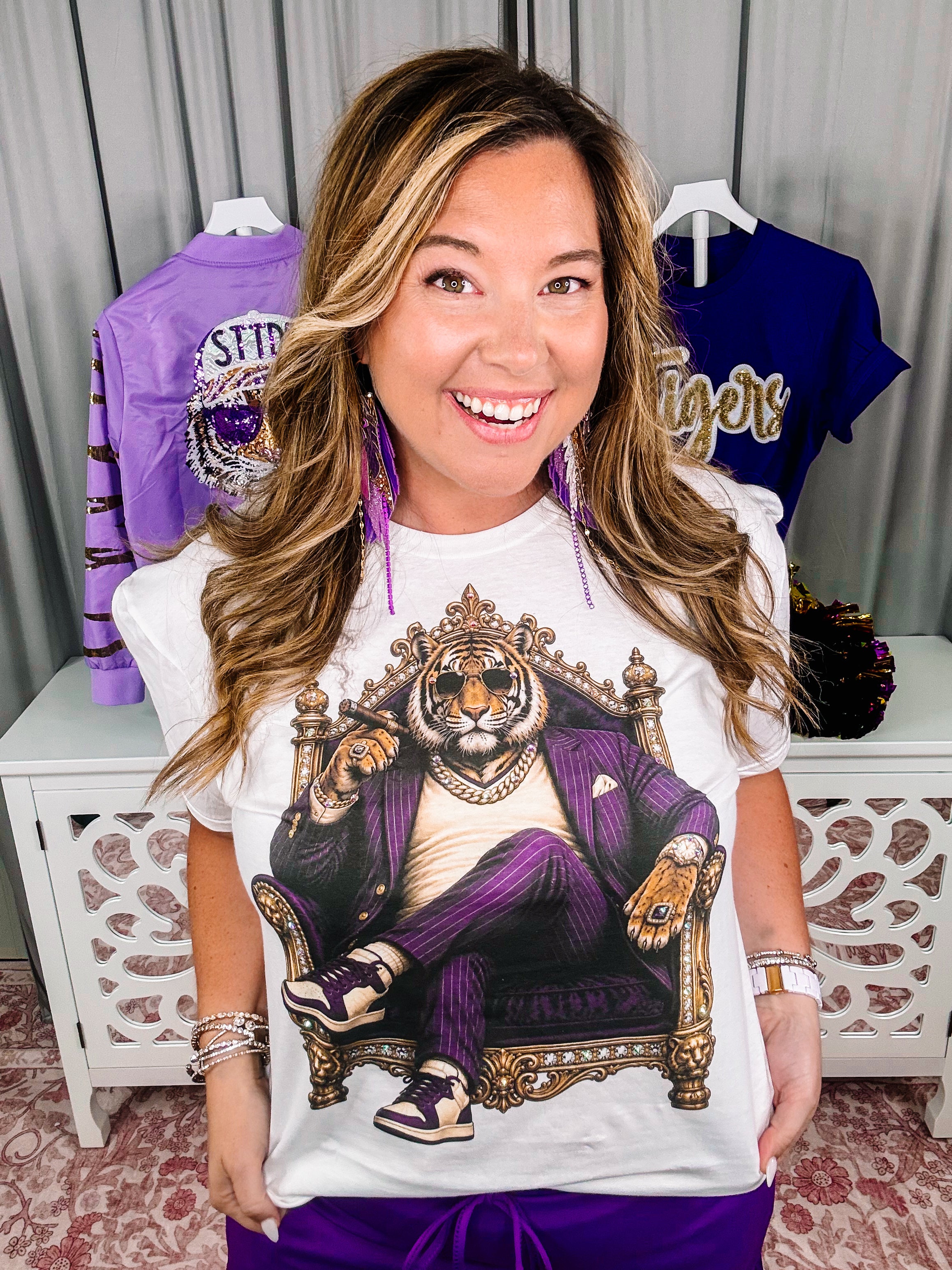 Suited Up for Saturday Tiger Bougie Rhinestone Tee-Rhinestone Tee-Dear Me Southern Boutique, located in DeRidder, Louisiana