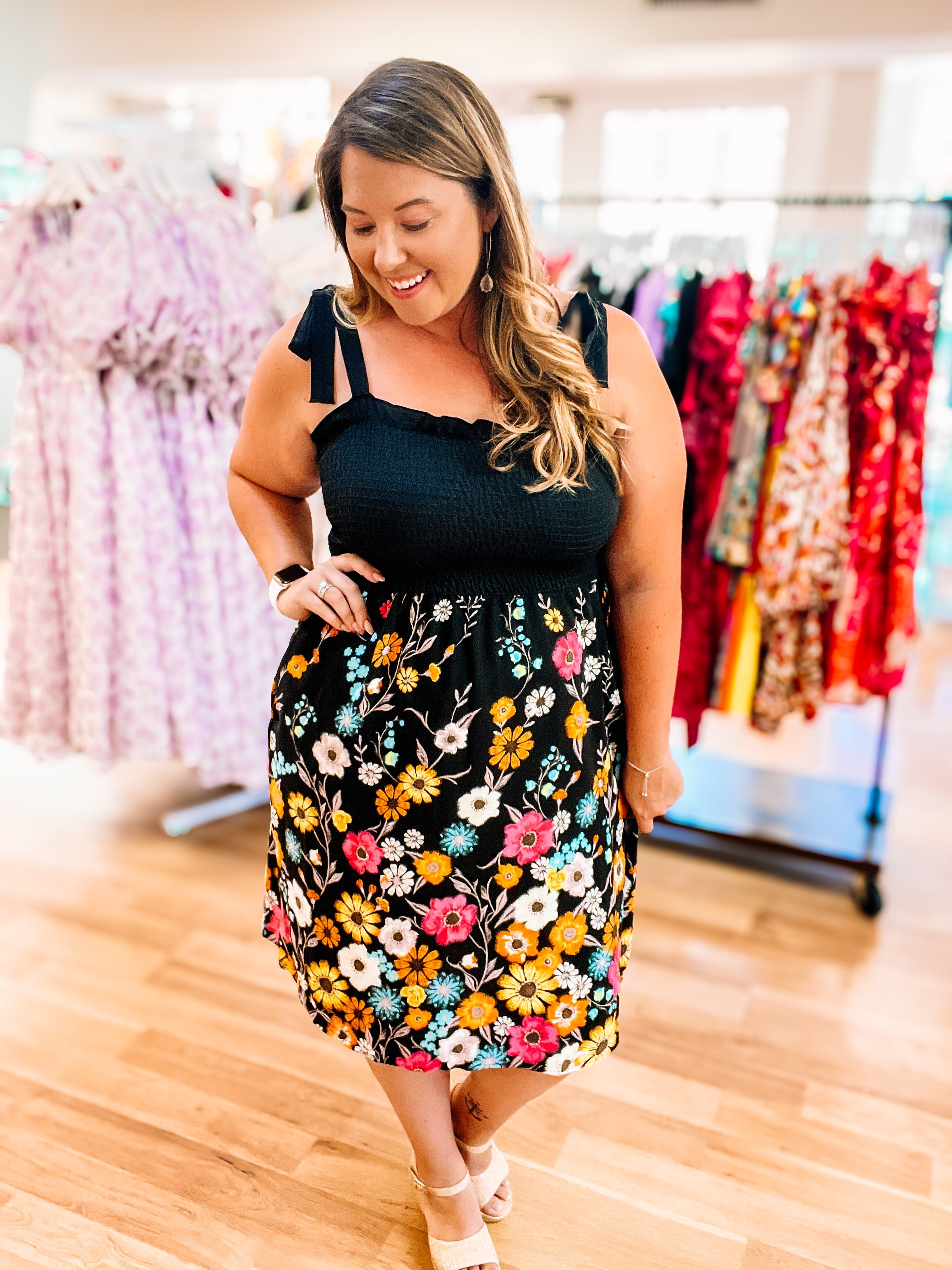 Summer Romance Black Floral Dress-Dresses-Dear Me Southern Boutique, located in DeRidder, Louisiana